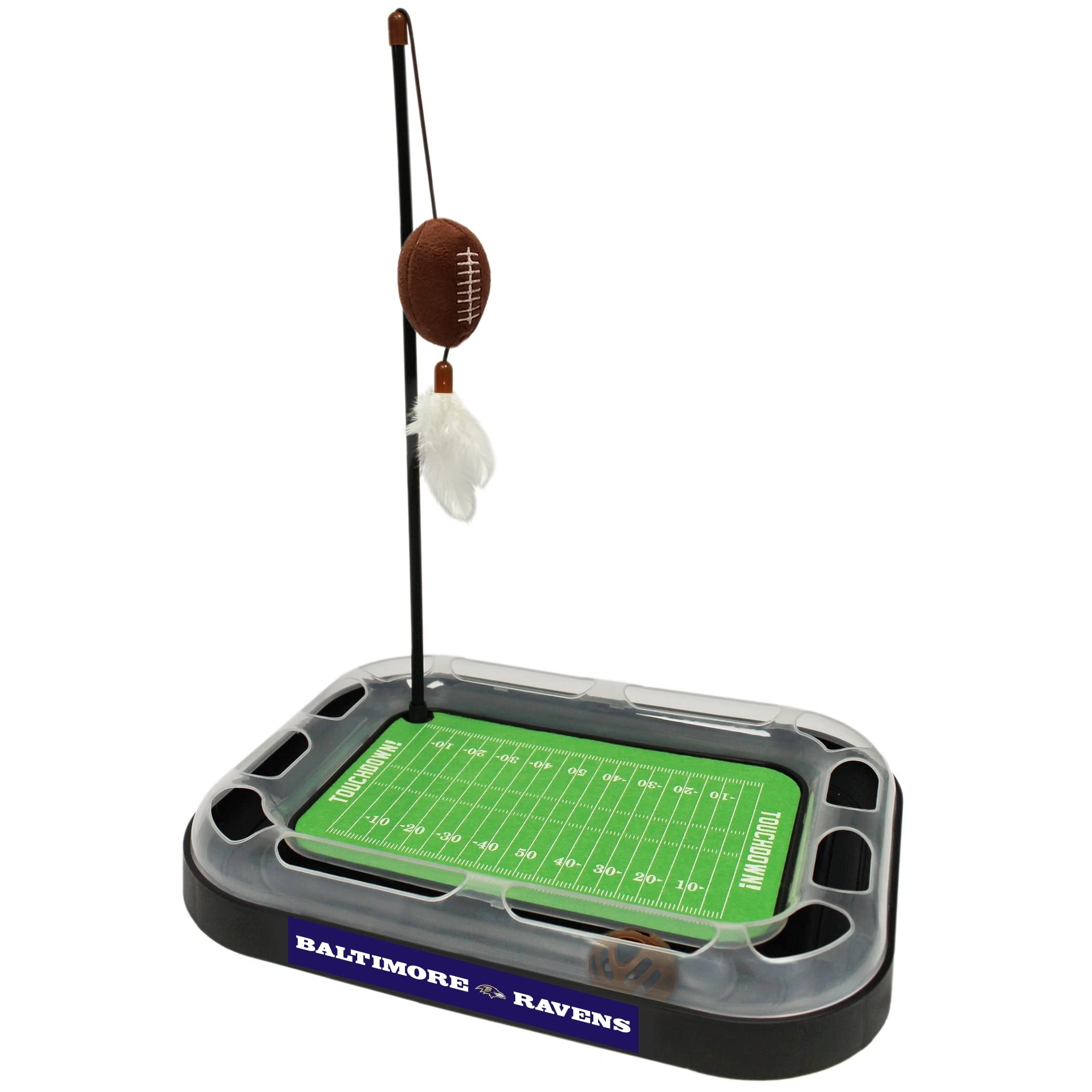 Pets First NFL BALTIMORE RAVENS FOOTBALL FIELD CAT SCRATCHER TOY with CATNIP Filled Plush FOOTBALL Toy & Feather Cat Toy hanging