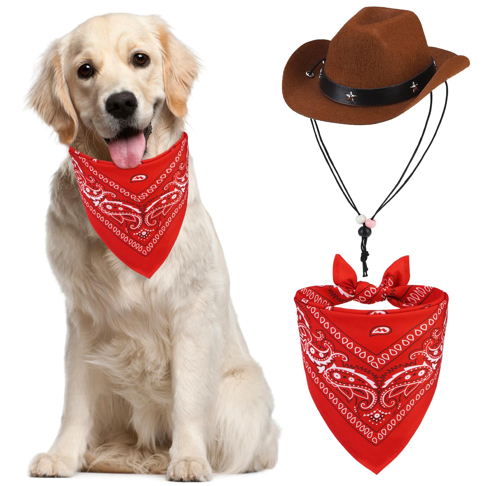 Pupteck Paisley Dog Bandana Outfit Scarf With Cute Doggy Cowboy Hat, Halloween Costume Decorations Supplies For Small Medium Lar