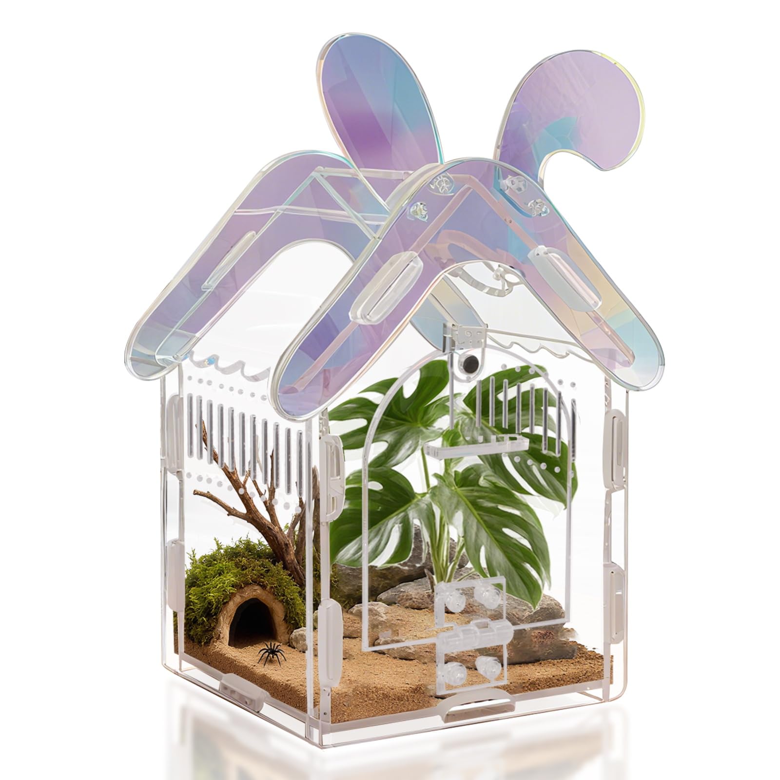 Magnetic Acrylic Jumping Spider Enclosure with Mushroom House, Easy-Feed Hole & Front Opening - Terrarium for Tarantula, Mantis,