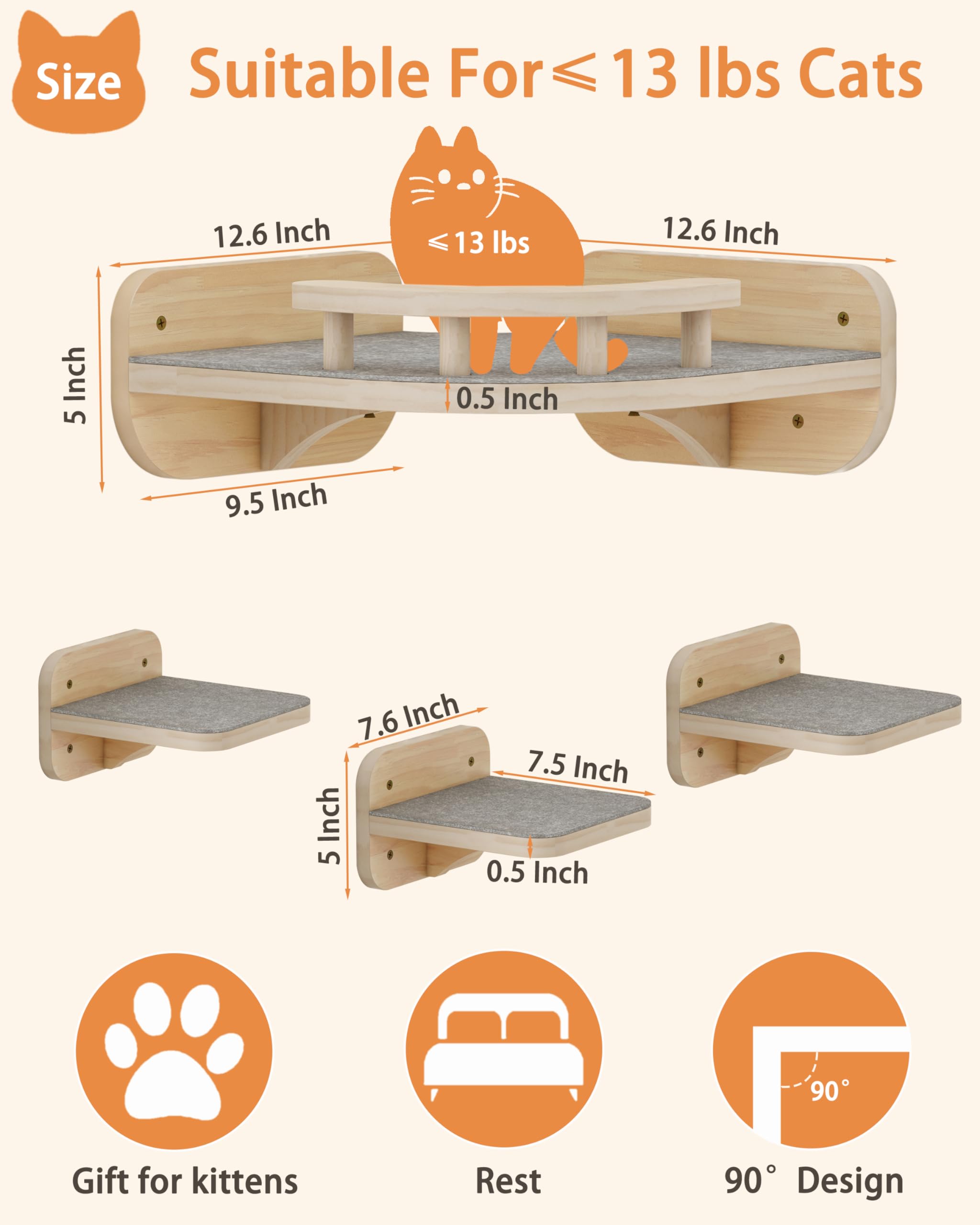 Megidok Cat Wall Furniture Corner Climbing Shelf Perches, Cat Bed Wall Mounted With 3 Wide Steps,Modern Floating Stairs For Wall