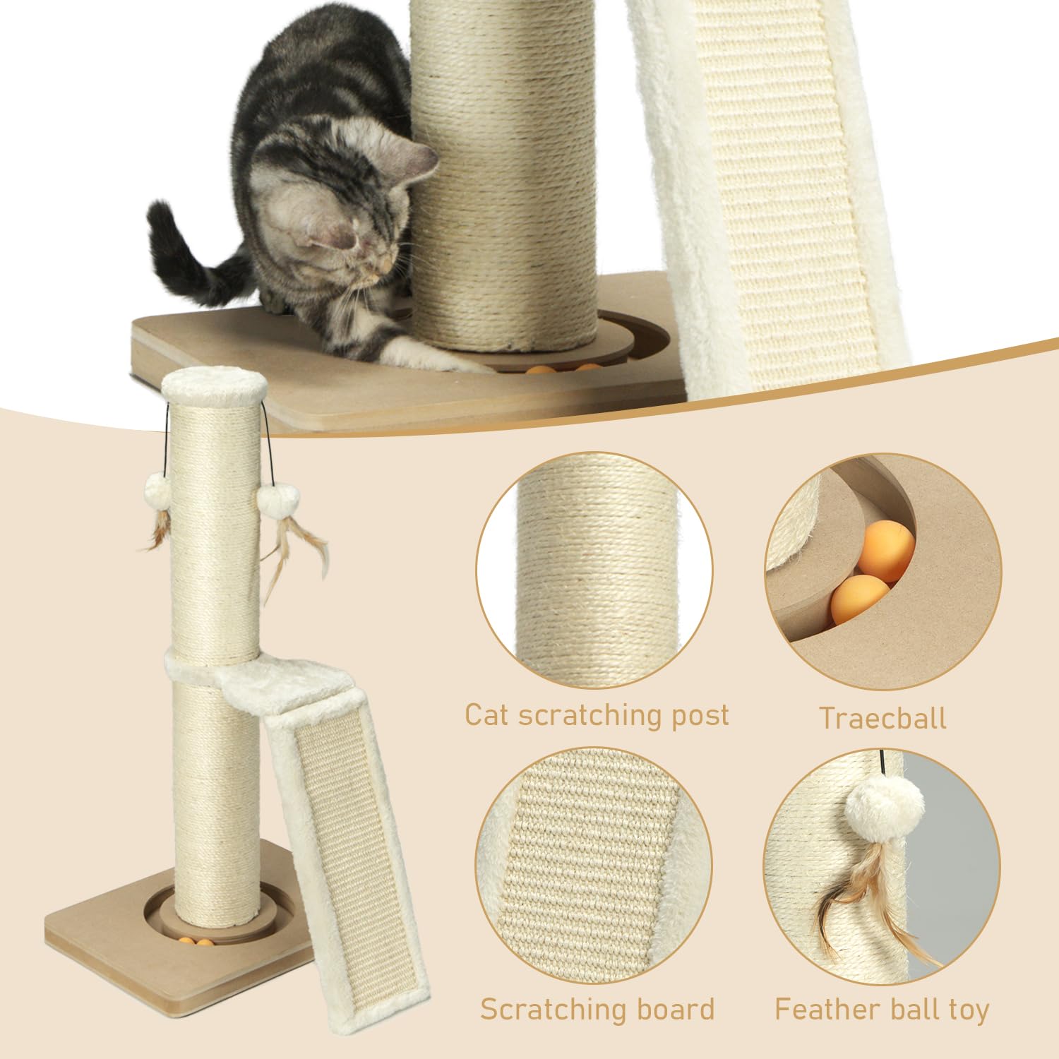 Peekab Cat Scratching Post,31 Tall Sisal Scratch Posts With Vertical Scratching Board For Cats And Kittens,With Track Ball And