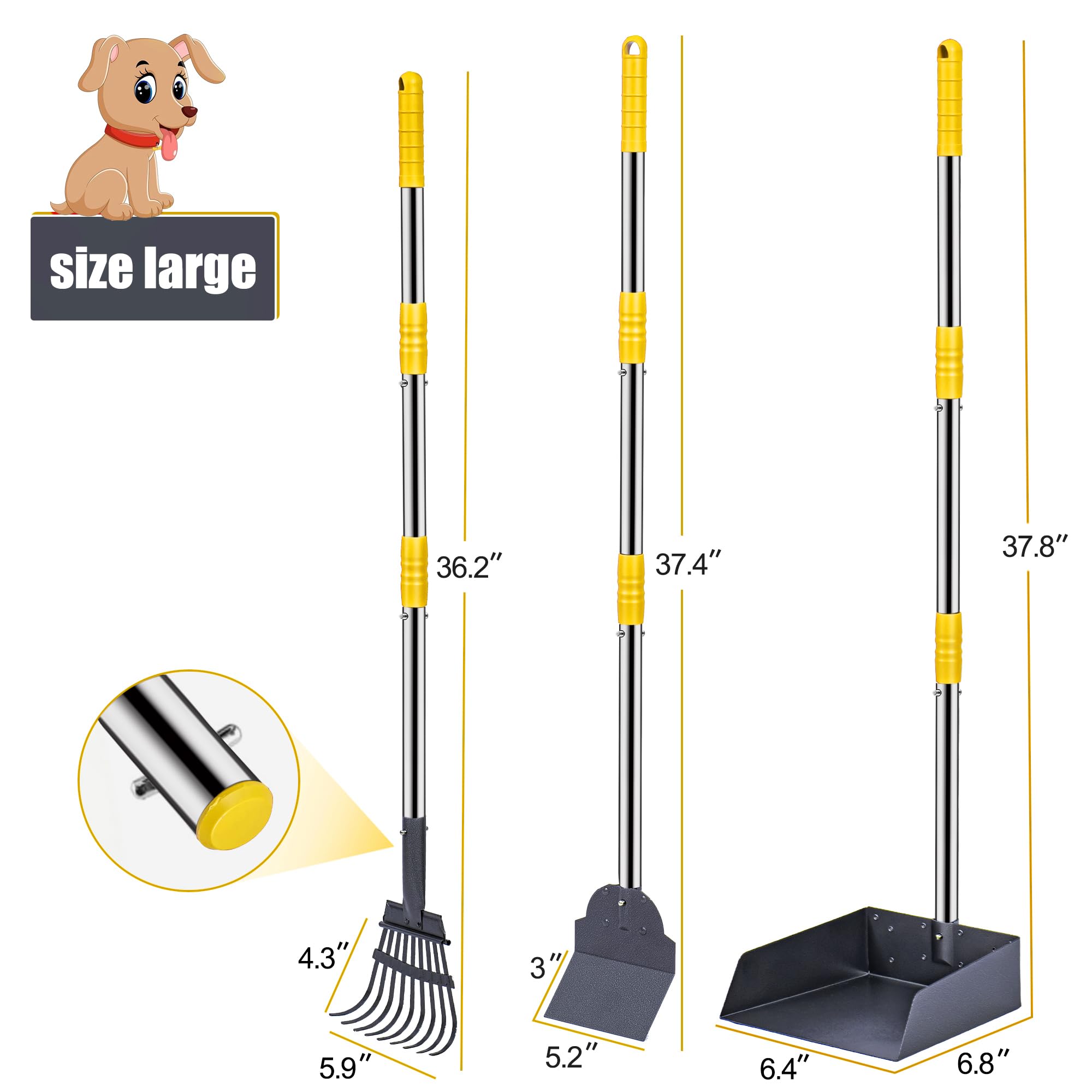 Niubya Pooper Scooper For Dogs, Metal Poop Scooper Tray Spade And Rake Set, Poop Scoop With Adjustable Long Handle, Dog Pooper S