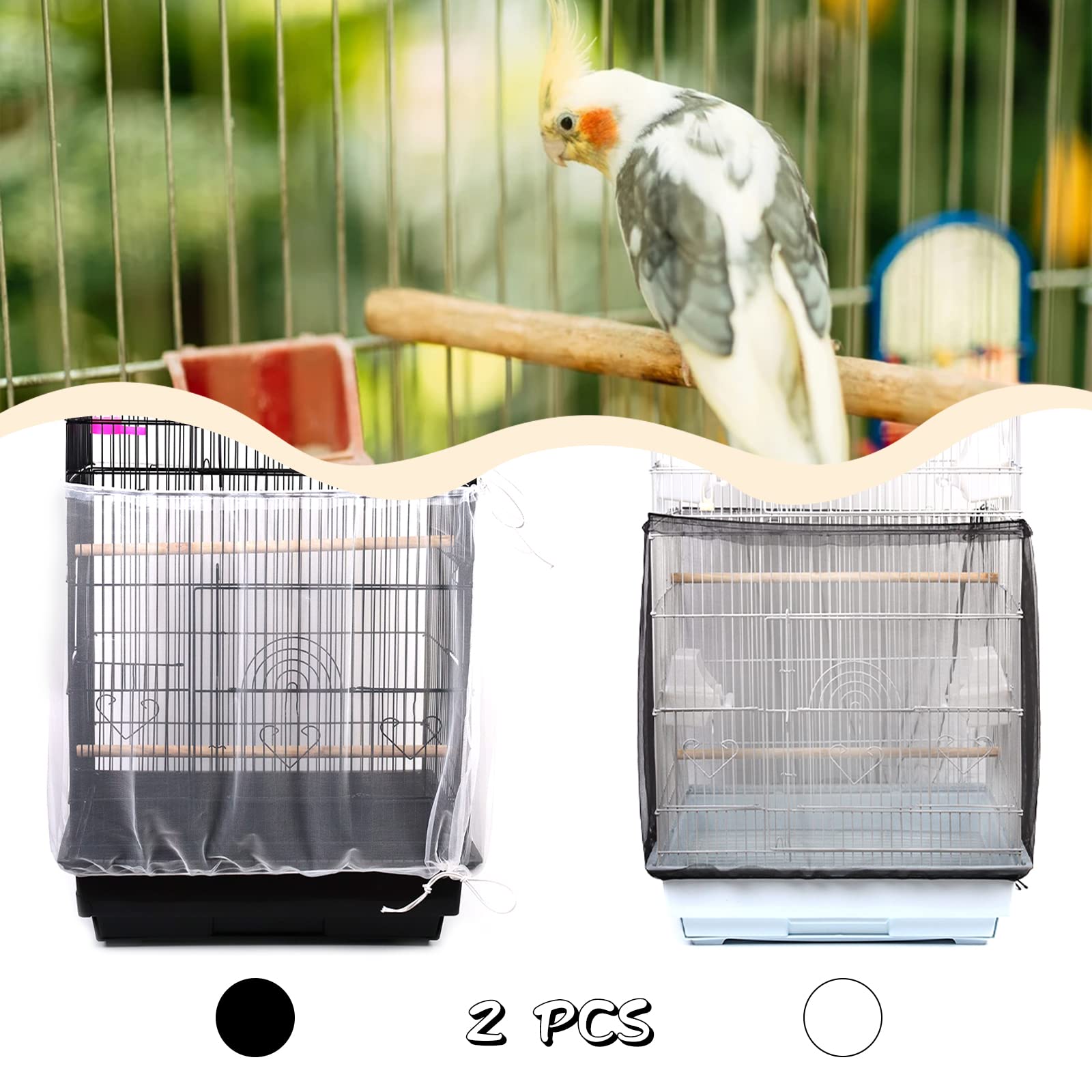 Daoeny 2Pcs Bird Cage Cover, Adjustable Soft Airy Nylon Mesh Parrot Net, Universal Feather Seed Catcher, Birdcage Cover Skirt Sheer Guard For Round Square Bird Cages (White +Black)