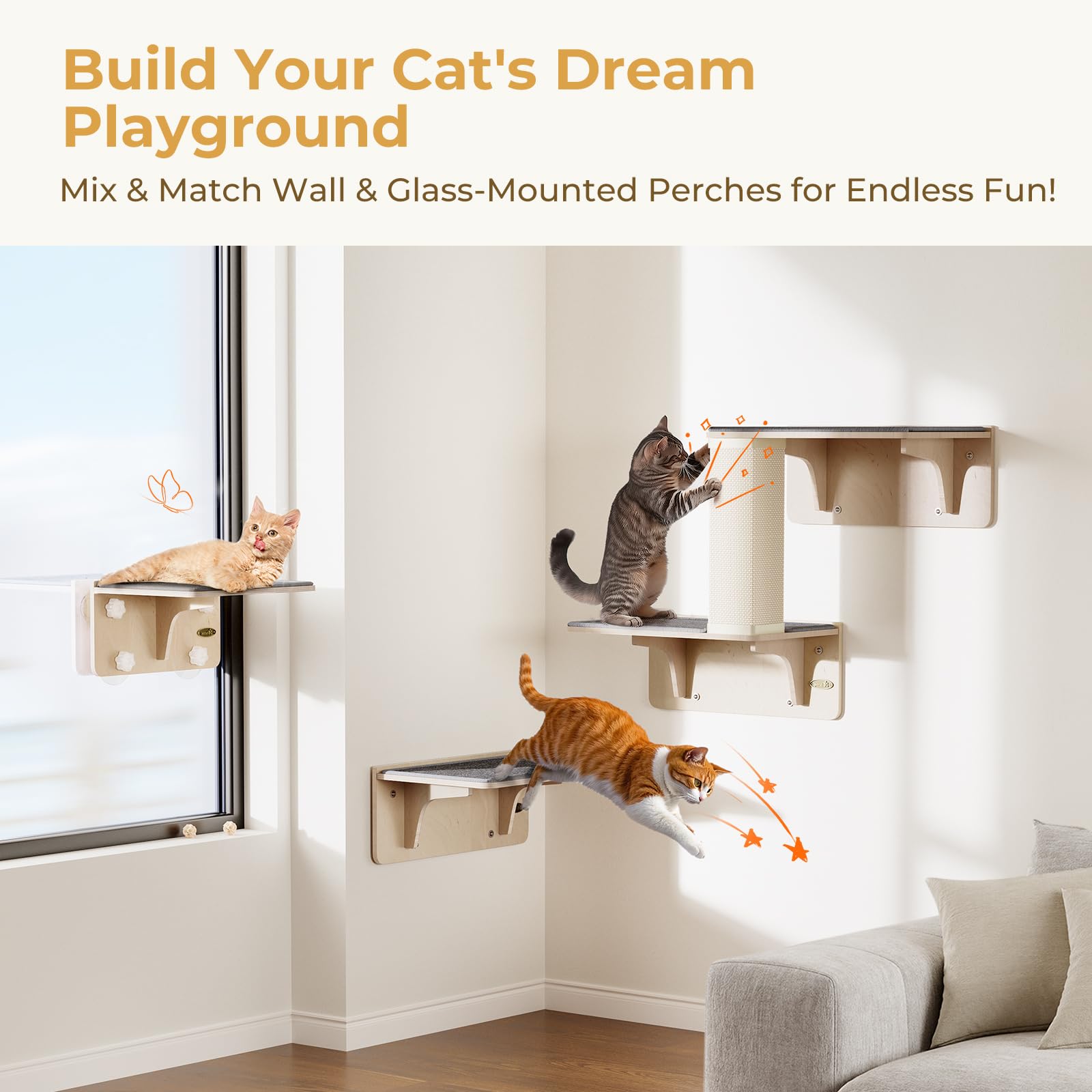 Pecute 2-in-1 Cat Window Perch & Wall Shelves - Sturdy Solid Wood Frame, 4 Large Rotating Suction Cups, Washable Carpet Cloth Co
