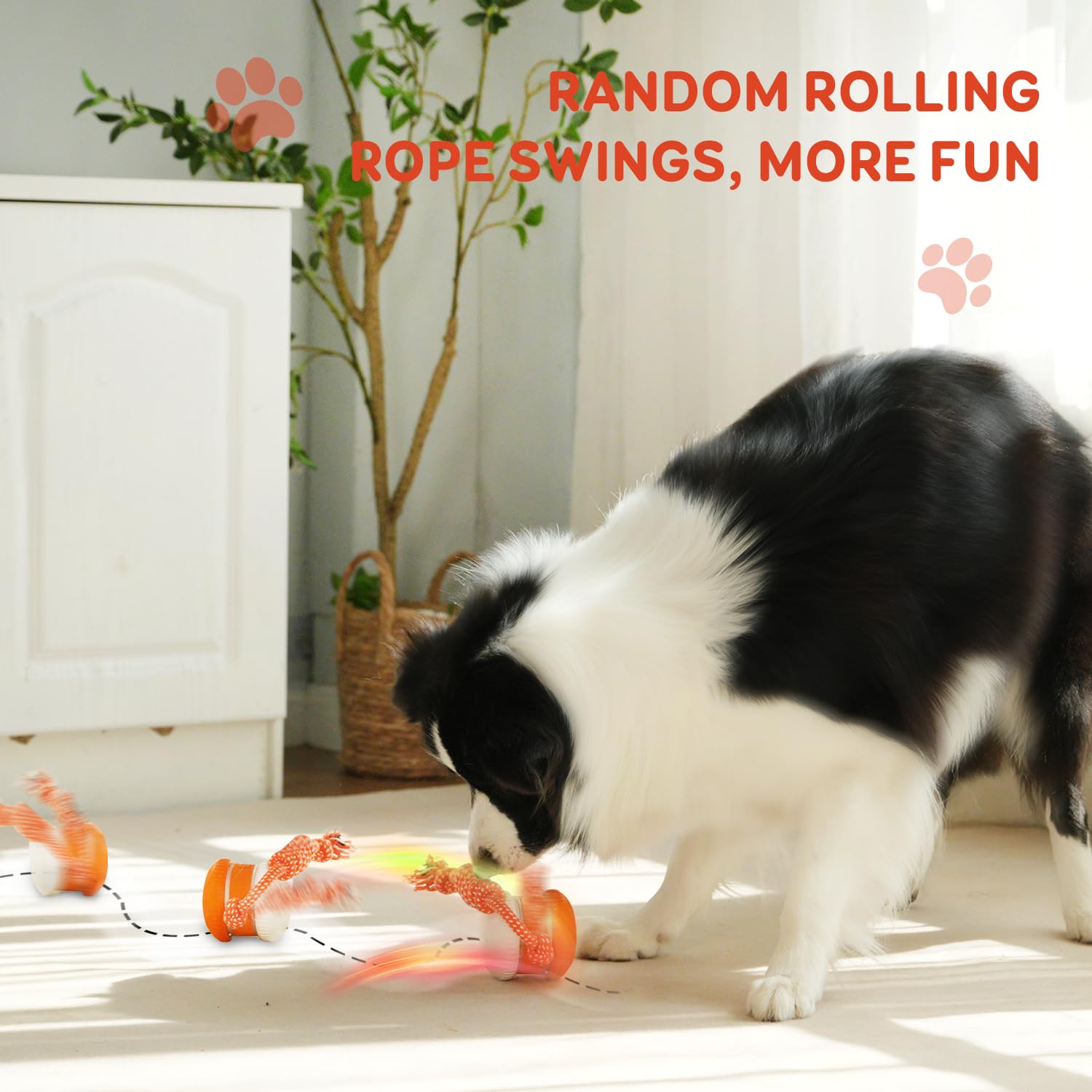 Qgi Interactive Dog Ball, Random Path Electric Automatic Moving And Rolling Dogs Toy With Rope For Small Medium Large Dogs, Moti