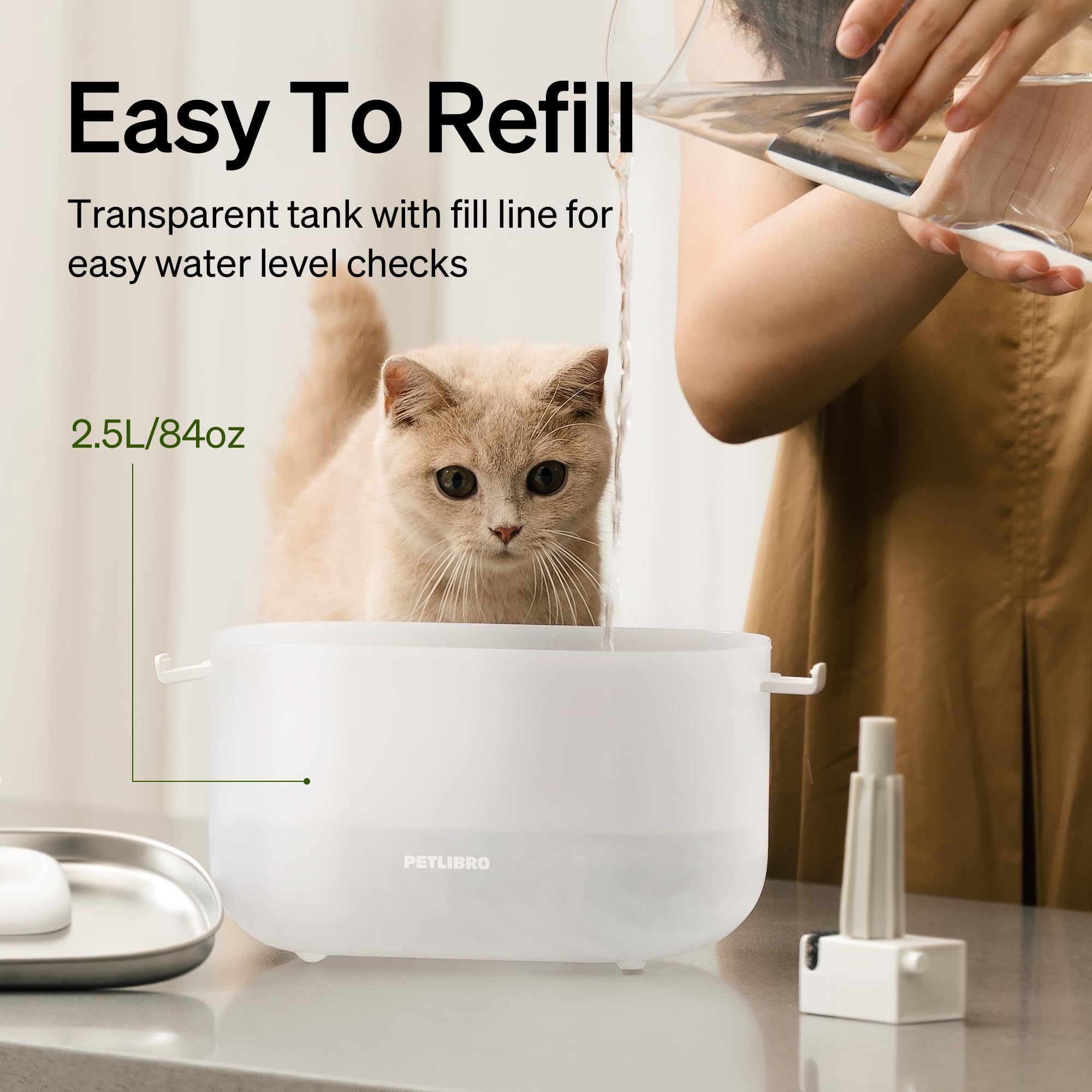 PETLIBRO Cat Water Fountain, Cat Fountain Indoor Stainless Steel Tray, 2.5L/84oz Wireless Pump Pet Water Fountain, Cat Water Dis