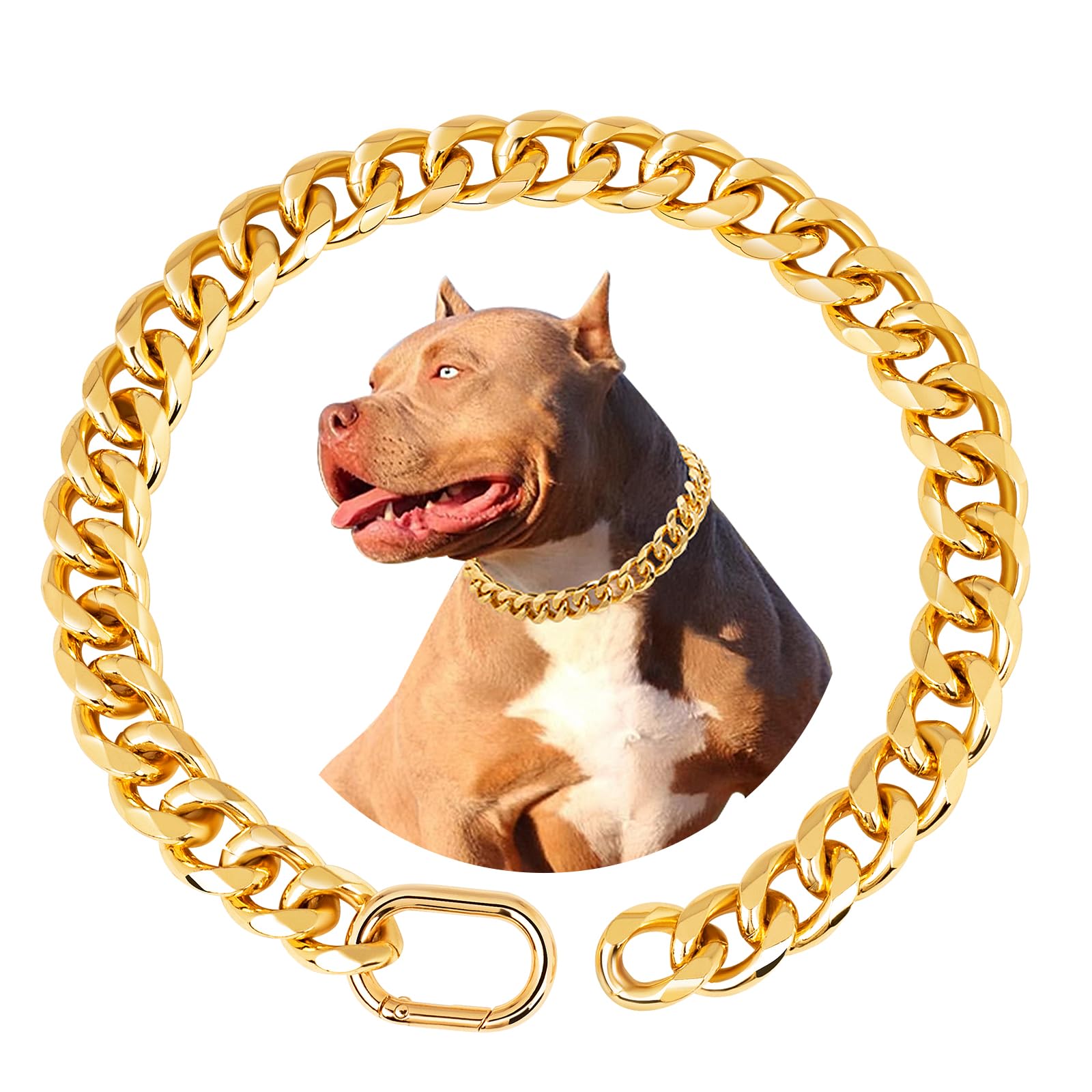 Baobote 19Mm Thick 18K Gold Plated Metal Dog Cuban Link Collar Gold Dog Chain Collar For Dogs(14 Gold)