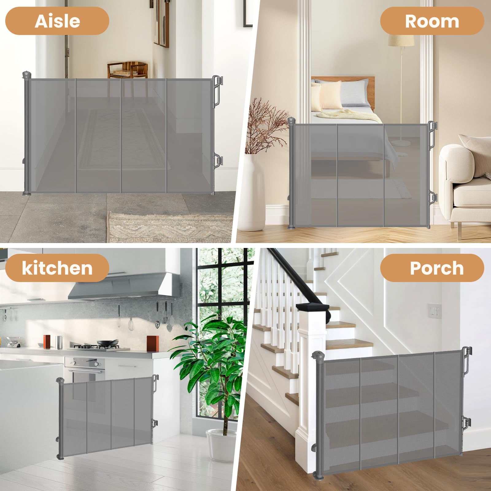 SPACEANY Baby Gate - Reinforced Retractable Safety Gate for Doorways & Stairs, 33.5" Tall, 55" Wide, Gray, Model BG01