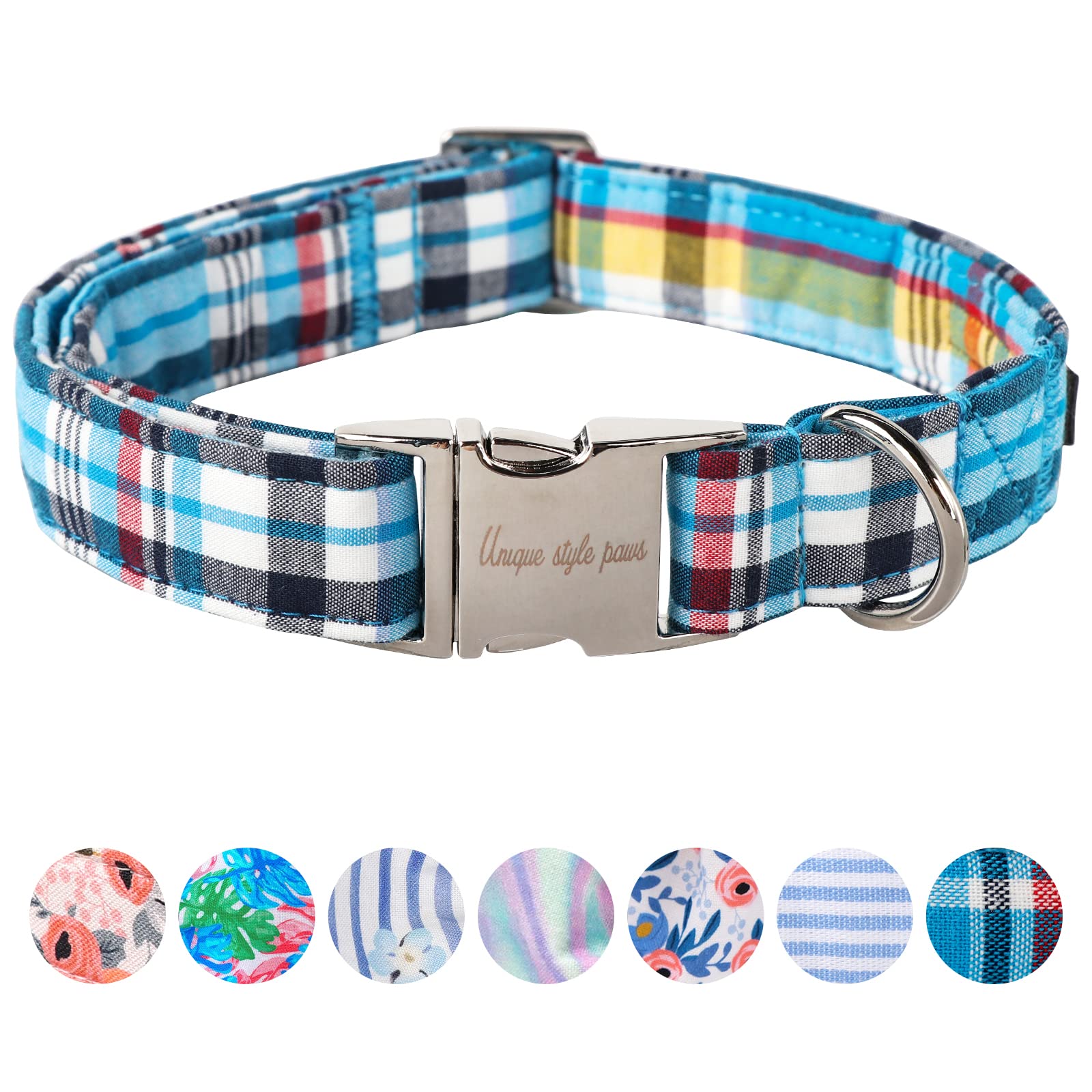 Unique Style Paws Dog Collar Metal Buckle Blue Plaid Collar Gift Durable Cute Collar For Small Medium Large Boys Girls Dogs
