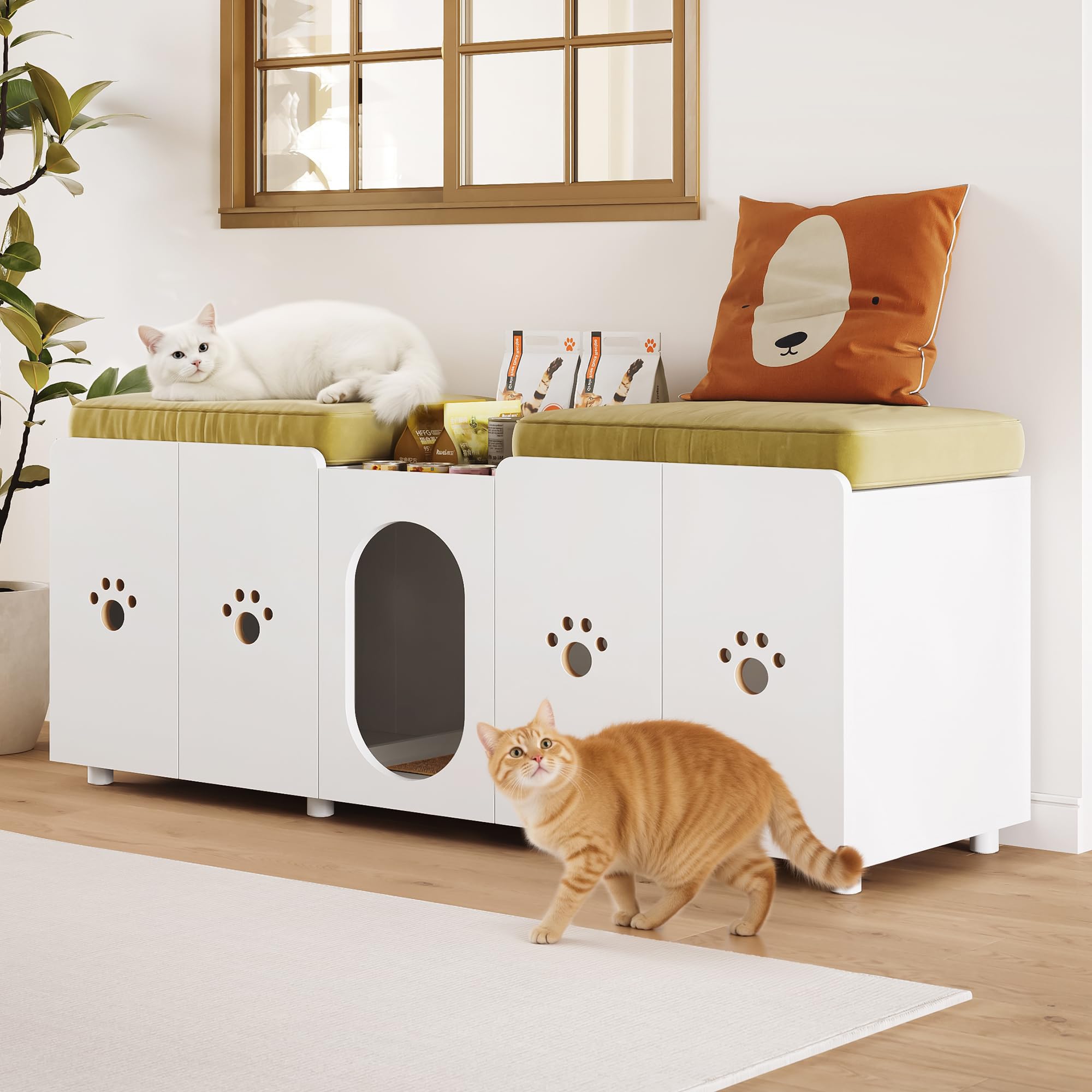 LIKEMET Double Cat Litter Box Enclosure for 2 Litter Boxes, Cute Litter Box Furniture with Thickened Board, Modern Hidden Litter