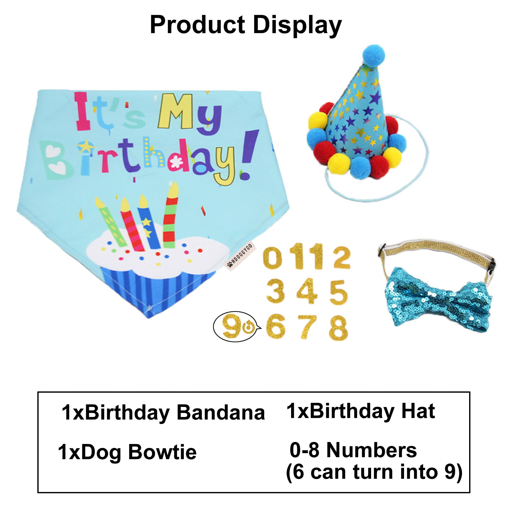 Adoggygo Dog Birthday Bandana Scarf And Blue Boy Pet Birthday Party Hat With Cute Bow Tie For Medium Large Dog Pet (Large)