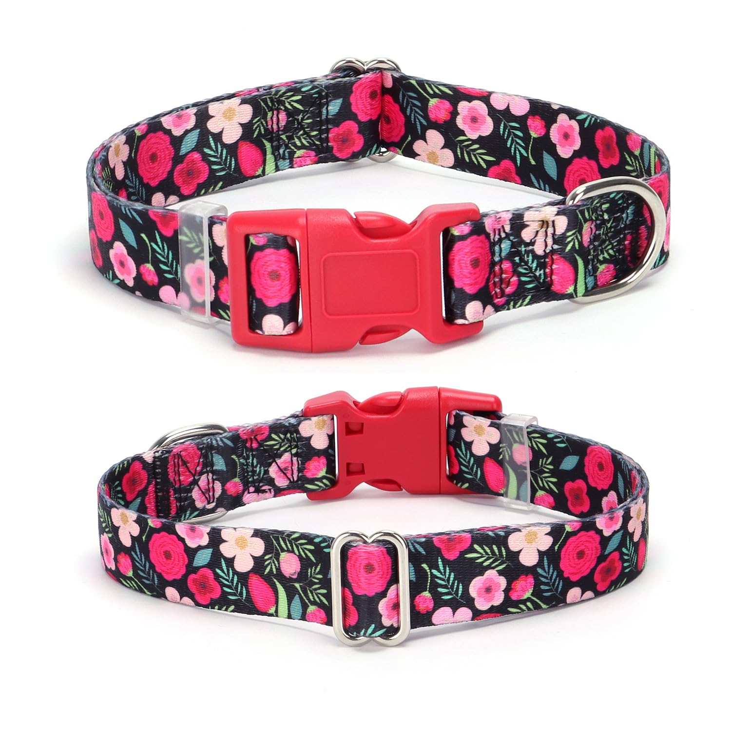 Floral Dog Collar Red, Pretty Flower Pattern Design Quick Release Buckle Soft Nylon Female Dog Collars Adjustable for Small Medi