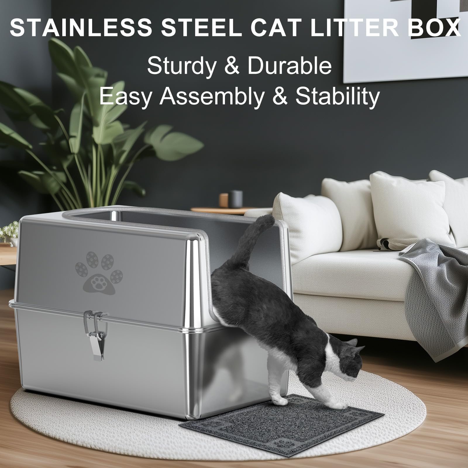 Pwtaa Enclosed Stainless Steel Cat Litter Box With Lid, Xl Metal Litter Box For Big Cats, Extra Large Cat Toilet With High Side,