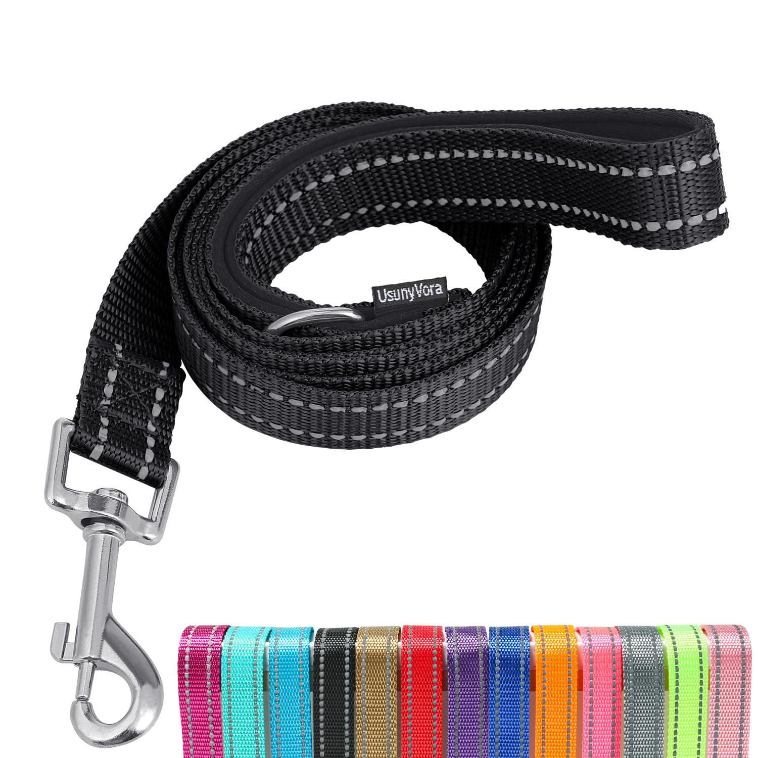 Usunyvora Reflective Nylon Dog Leash For Walking,Strong Dog Leash With Padded Handle For Medium And Large Dogs,5 Ft,Black