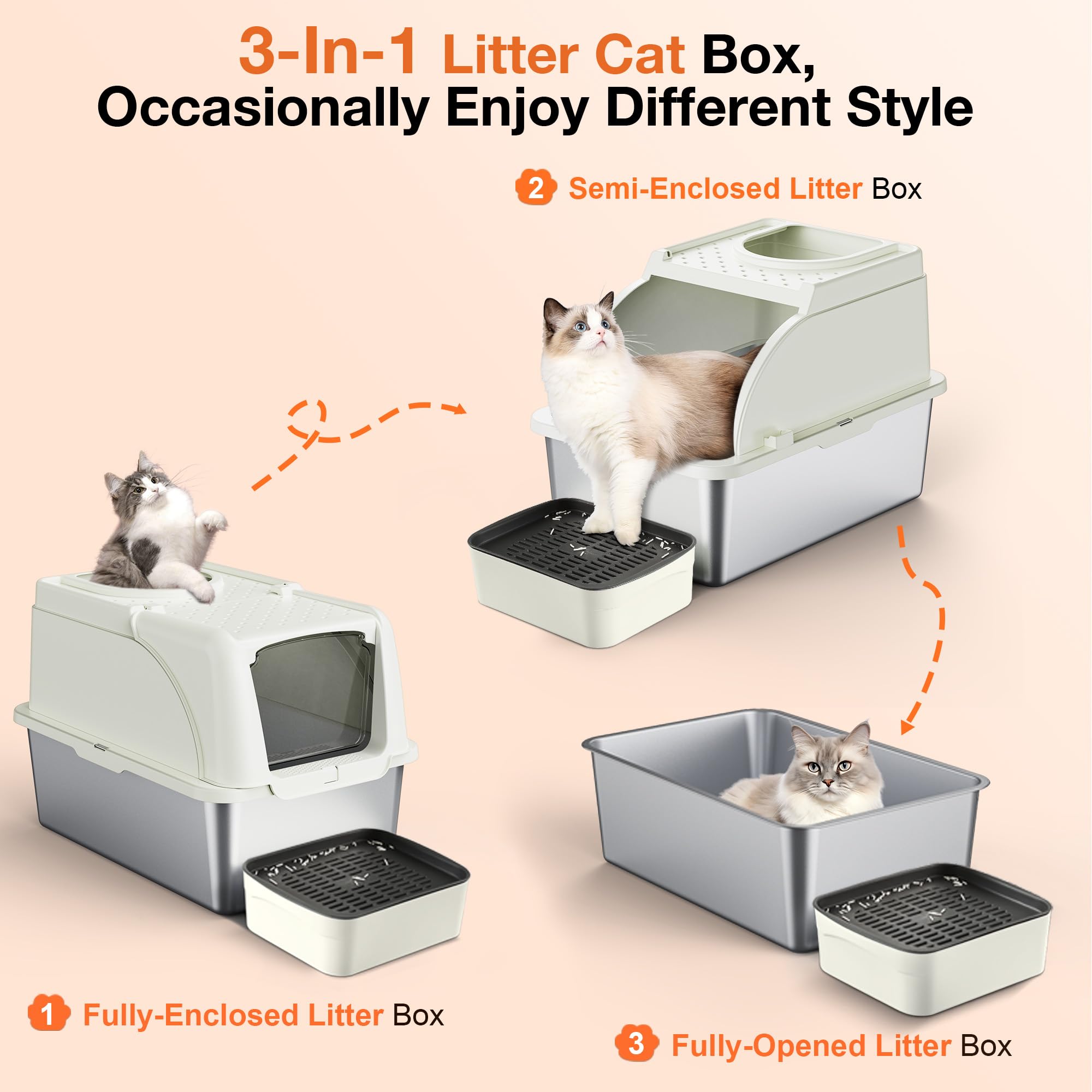 Stainless Steel Cat Litter Box, XXL Large Metal Cat Litter Box, Dual Entrance Detachable Cat Litter Box with Lid, 16.6 High Wa