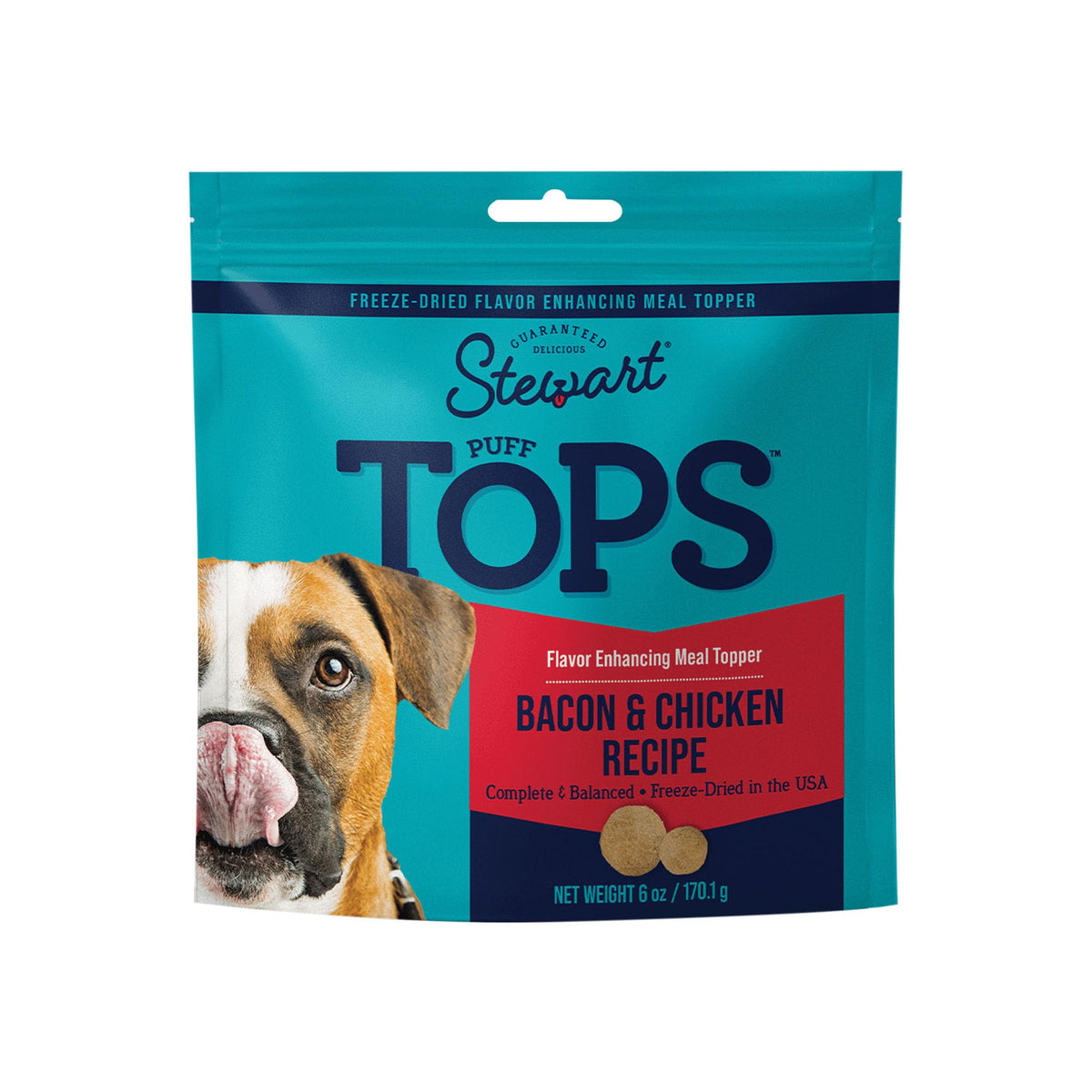 Stewart Freeze Dried Dog Food Topper, Pufftops, Made In Usa With Real Bacon, Healthy, Natural, Freeze Dried Dog Treats, Bacon, Chicken, Apple, And Kale Recipe, 6 Ounce Resealable Pouch