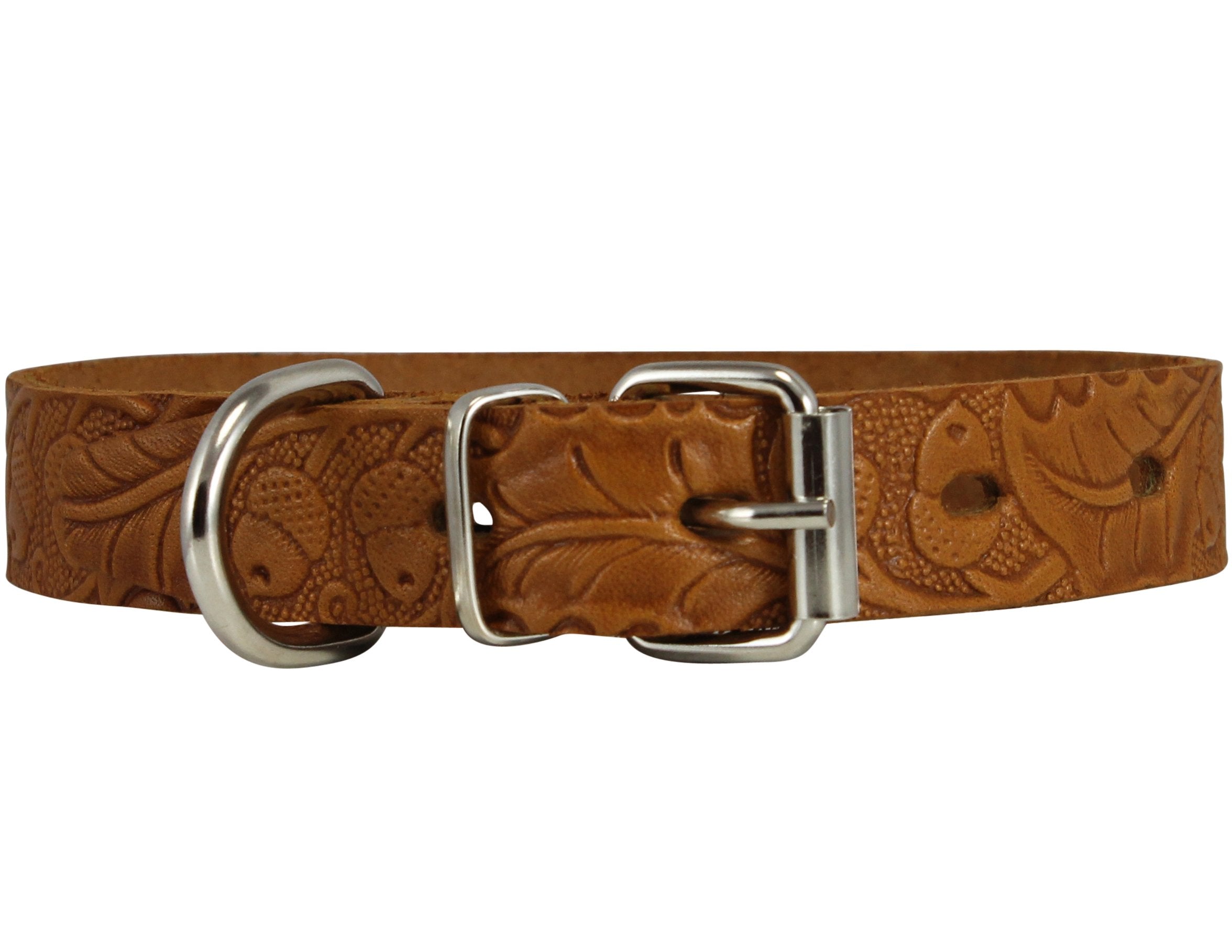 Genuine Tooled Leather Dog Collar Floral Pattern Tan 3 Sizes (Neck Circumf: 10'-13'; 3/4' Wide)