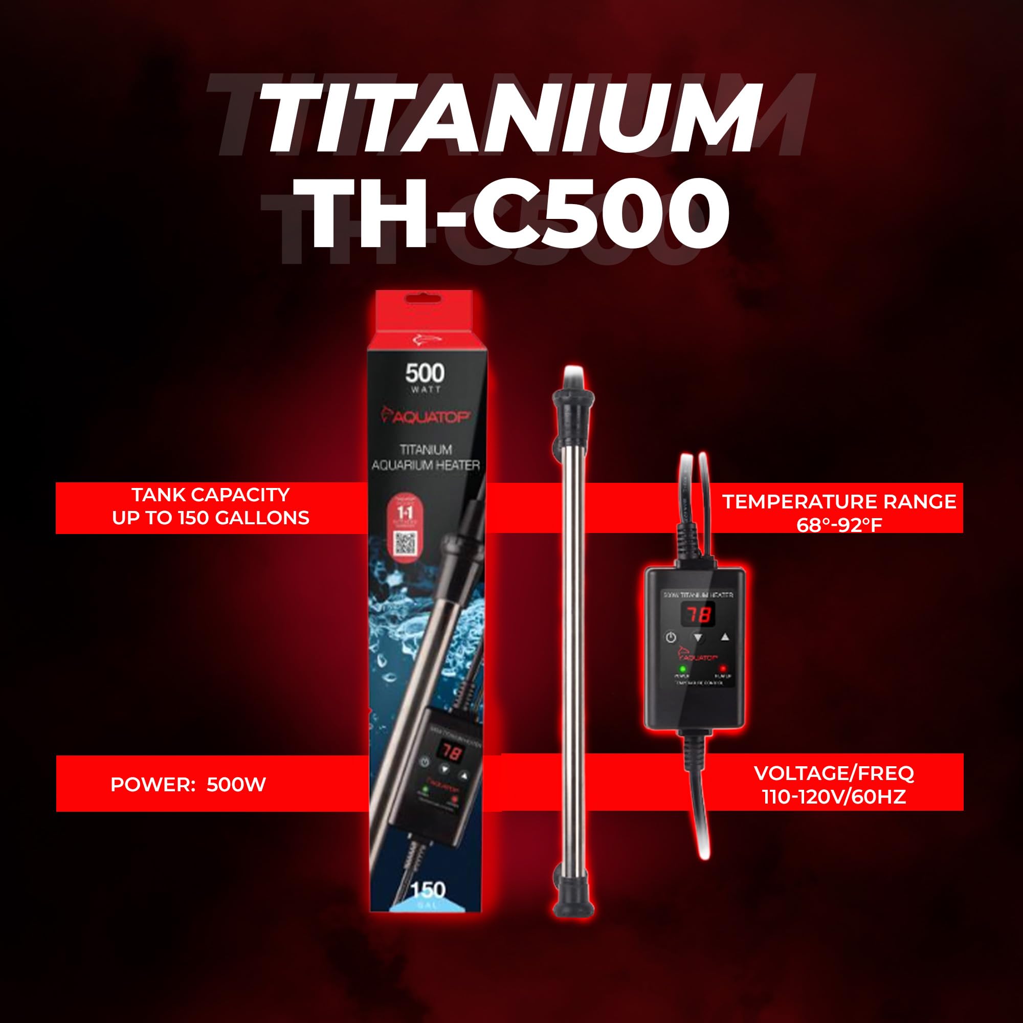 Aquatop 500W Titanium Heater With Controller – Fully Submersible - Up To 150 Gal – 68-92°F Adjustable Temperature – Ideal For Turtles & Large Fish