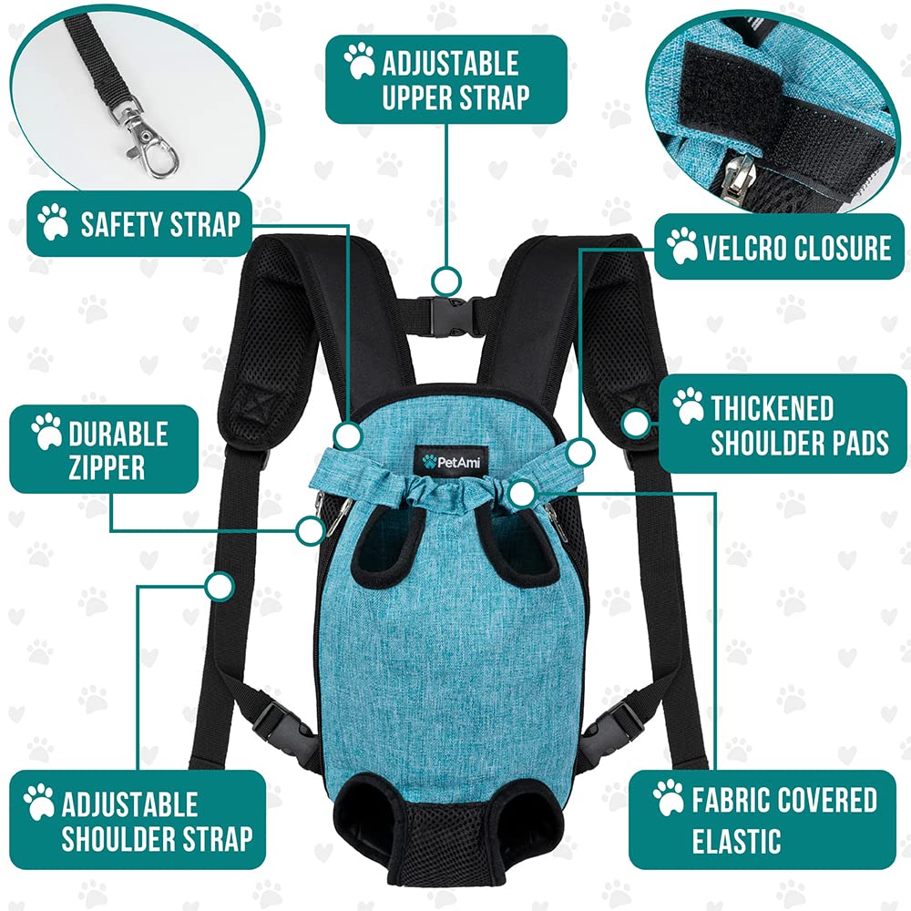 Petami Dog Carrier Backpack, Adjustable Pet Cat Front Carrier Backpack, Ventilated Dog Chest Carrier For Hiking Camping Travel, Sling Bag For Small Medium Dog Cat Puppies, Large, 12-16 Lbs, Sea Blue