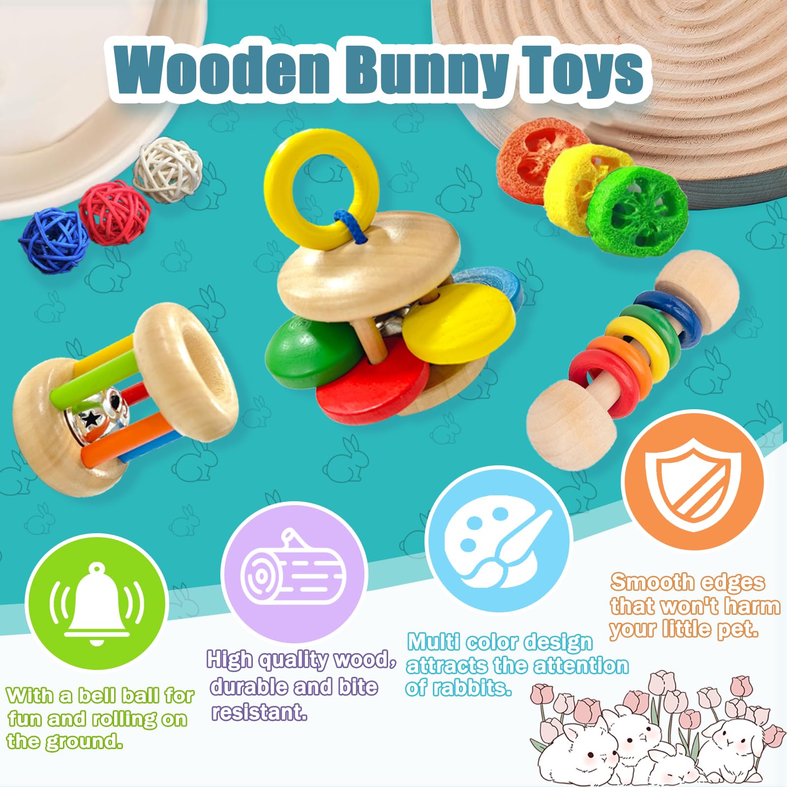 Qwr 9Pcs Wooden Bunny Toys,Rabbit Toys For Bunnies Boredom,Safe Rabbit & Guinea Pigs Teeth Grinding Toy For Chinchillas, Hamster
