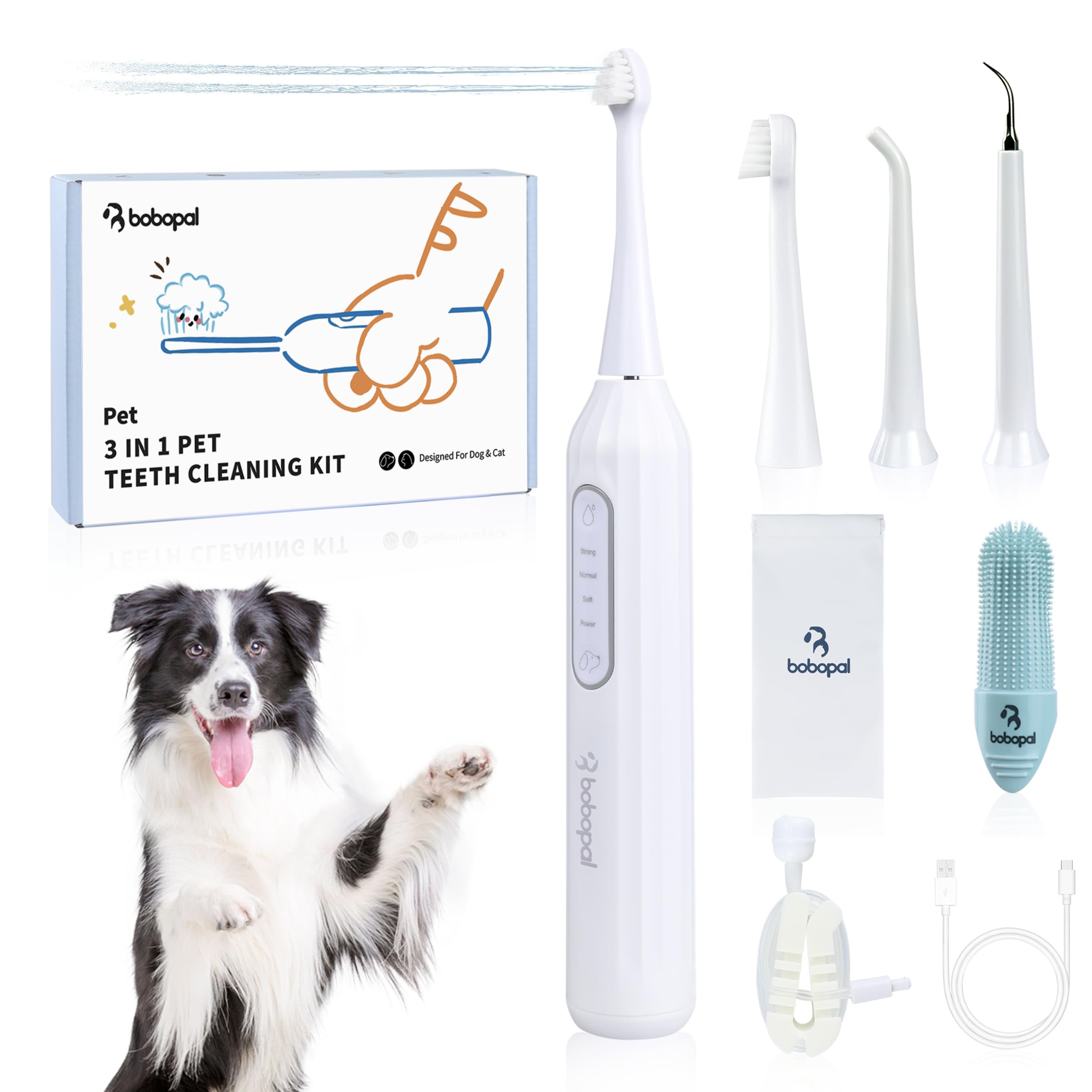 Bobopal Dog Tooth Brushing Kit,3-in-1 Dog Teeth Cleaning Tools,Ultrasonic Electric Toothbrush & Plaque Remover for Dogs with Wat