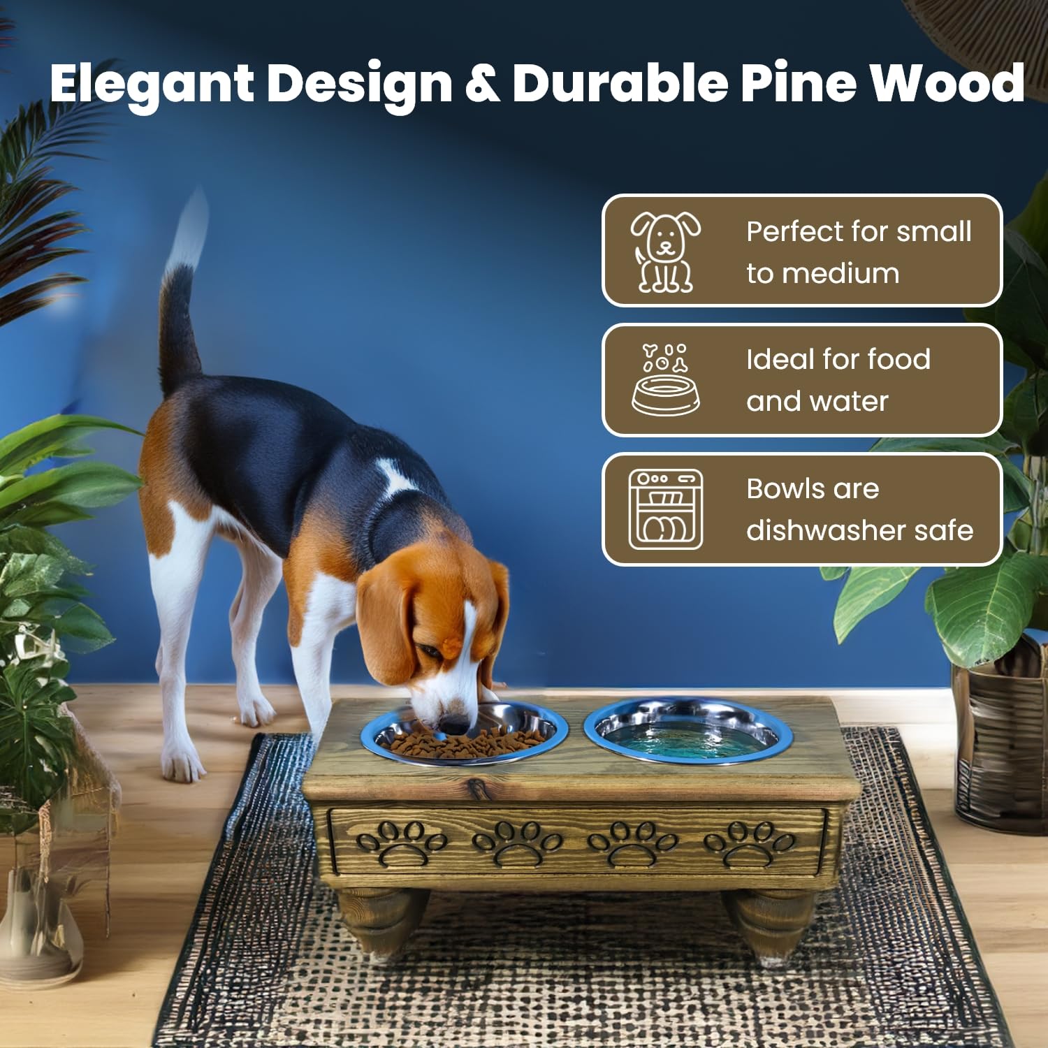 Iconic Pet Sassy Paws Raised Wooden Pet Double Diner with Stainless Steel Bowls for Dogs In Varying Sizes & Colors (Rustic Brown