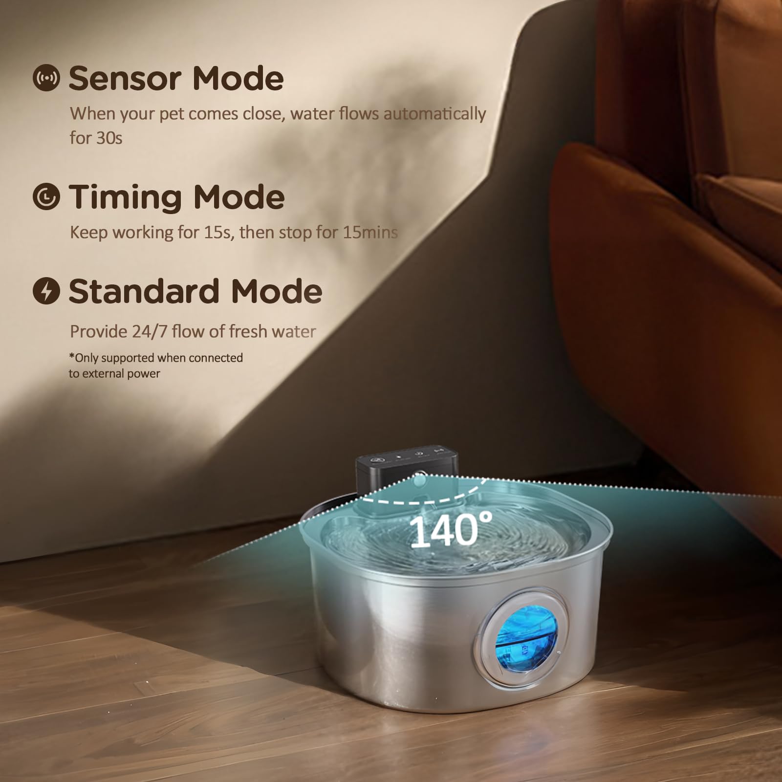 Stainless Steel Wireless Cat Water Fountain: Voluas 3.2L/108Oz 3-Modes Pet Drinking Fountain Indoor Cordless Motion Sensor Fount