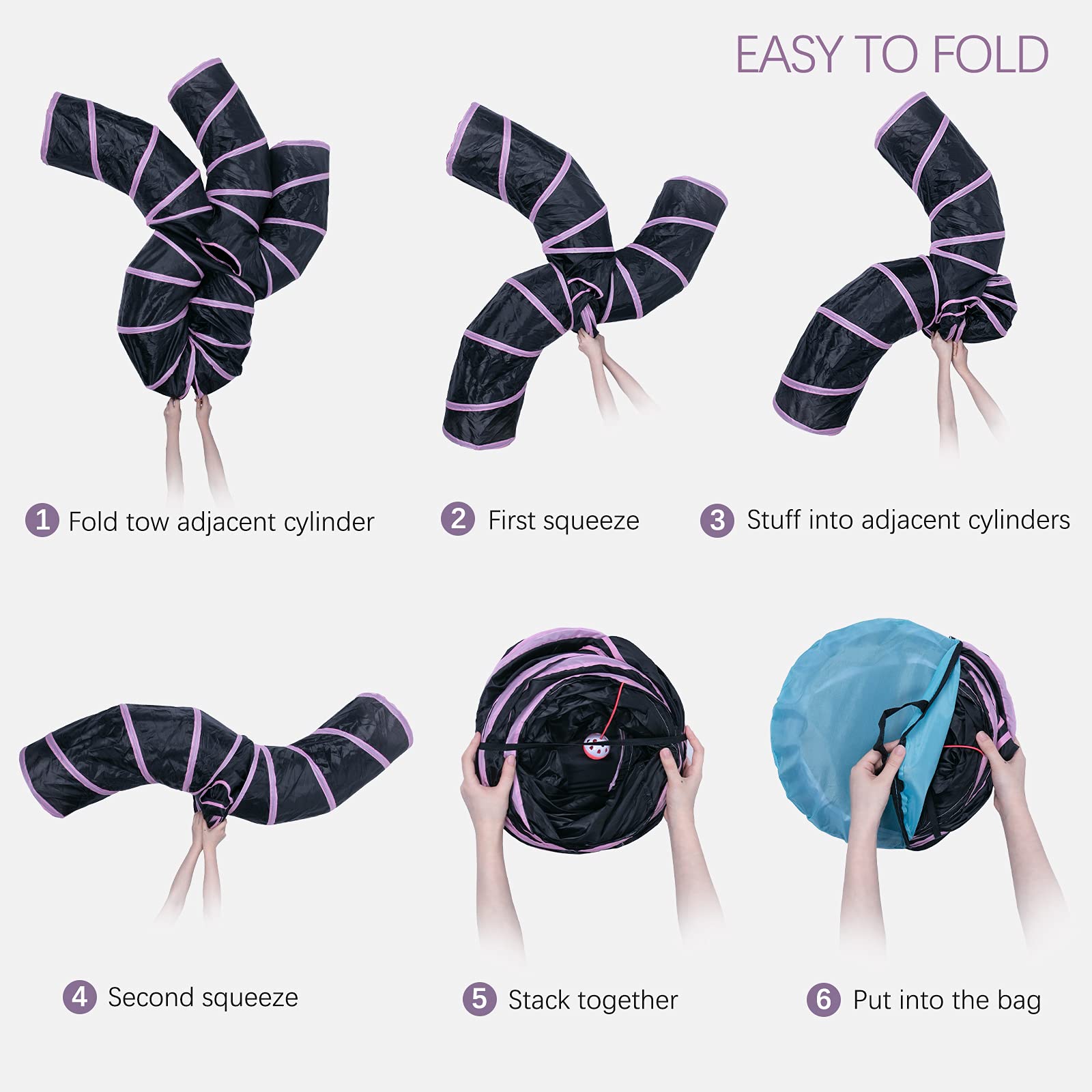 Egetota Cat Tunnel For Indoor Cats Large, With Play Ball S-Shape 5 Way Collapsible Interactive Peek Hole Pet Tube Toys, Puppy, Kitty, Kitten, Rabbit (Pink & Black)