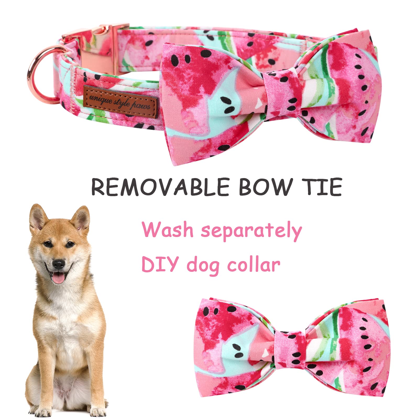 Unique Style Paws Bowtie Dog Collar Cotton Watermelon Collar Adjustable Summer Collar For Small Medium Large Dogs - S