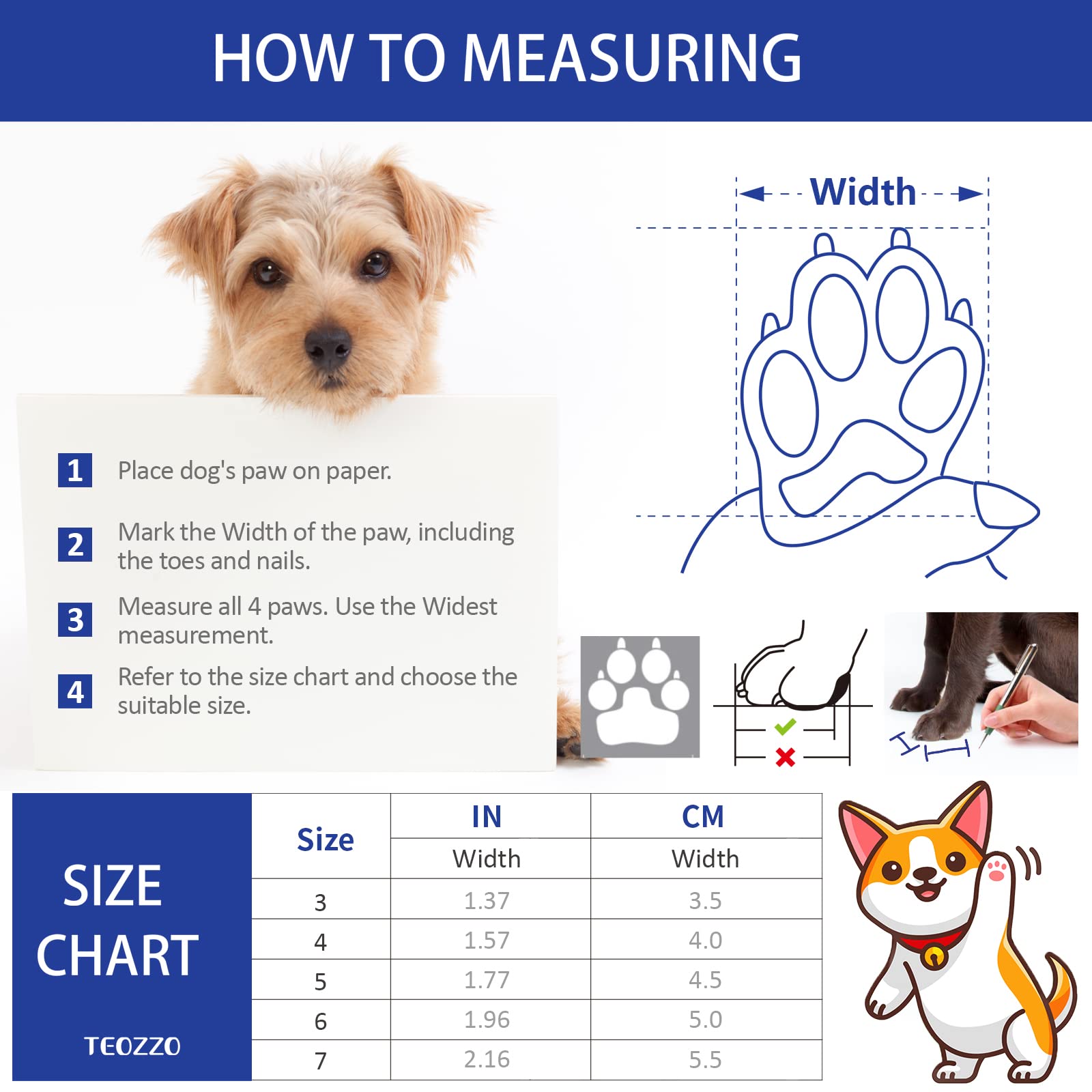 Teozzo Dog Boots & Paw Protector, Anti-Slip Sole Winter Snow Dog Booties With Reflective Straps Dog Shoes For Small Medium Dogs 4Pcs Blue 7