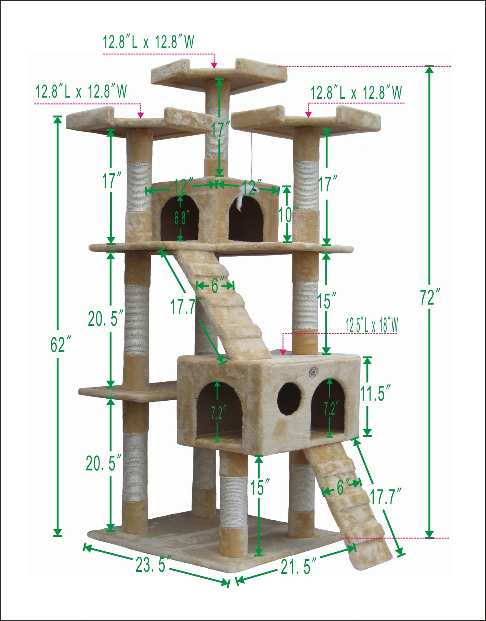 Go Pet Club 72 Tall Cat Tree Tower with Cat Condos - Large Cat Tree - Cat Tower for Indoor Cats - Play Scratch Hide Climb Activi