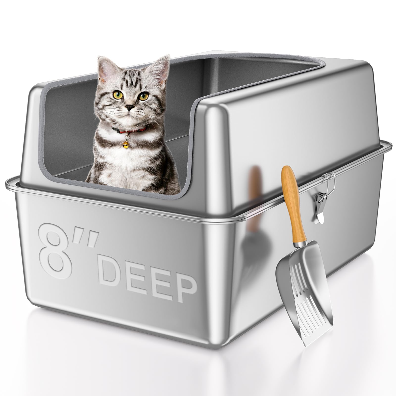 14'' High Sides Xxl All Stainless Steel Cat Litter Box With Lid,Xl Deep Metal Litter Box For Big Cats,Extra Large Litter Boxes W