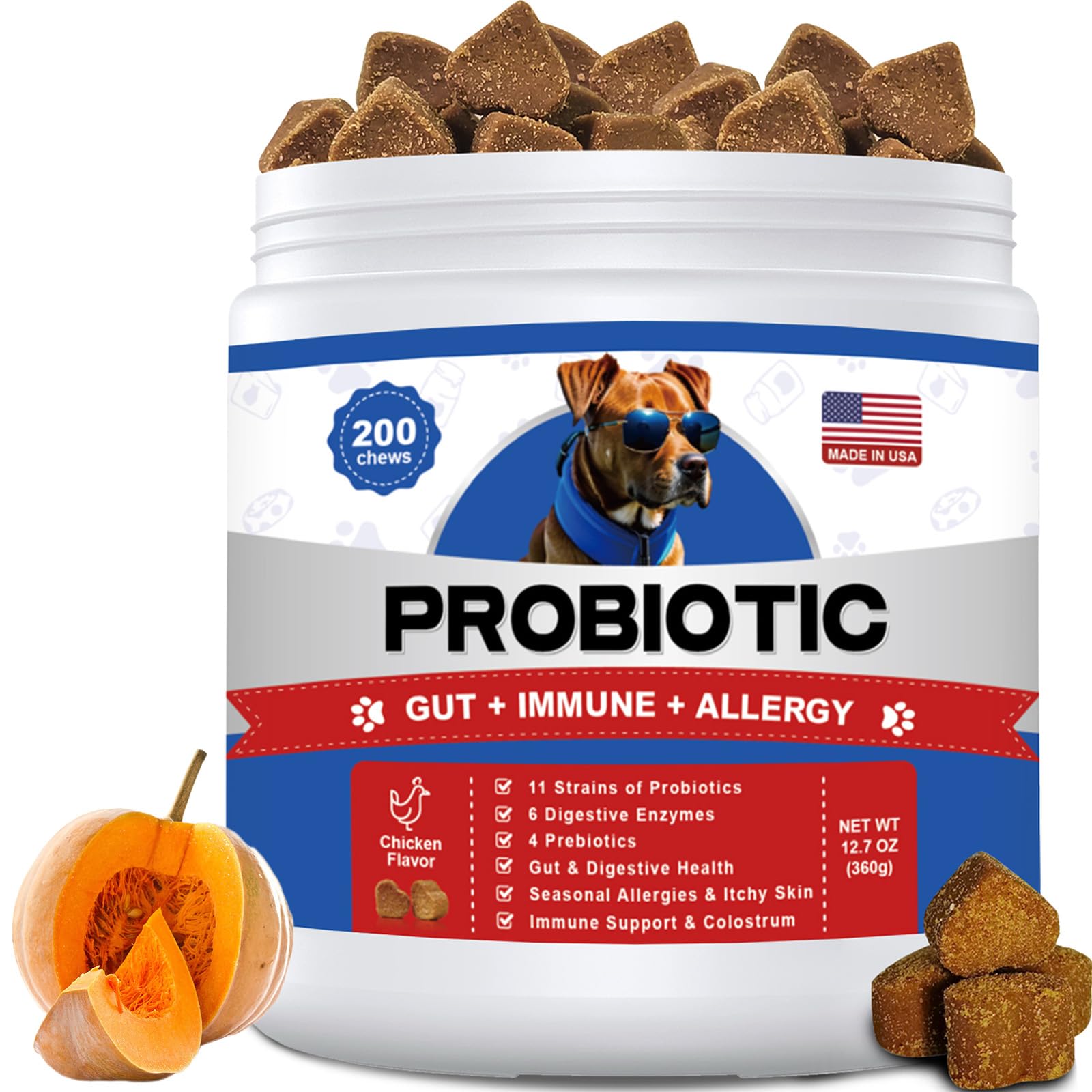 Probiotics for Dogs Gut Digestive Health Probiotic Chews for Dogs with 11 Billion CFUs, 4 Prebiotics, Pumpkin, Salmon Oil & Yogu