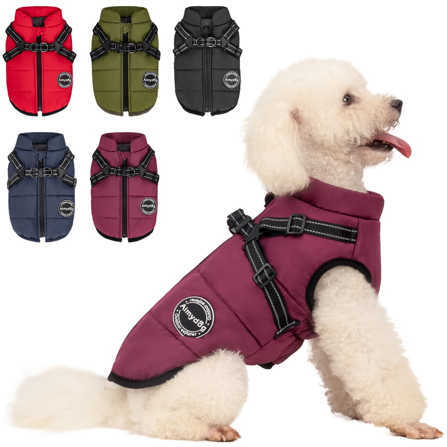 Aimydog Warm Dog Winter Coat, Fashion Sports Dog Cold Weather Jacket With Built-In Harness, Reflective & Adjustable Comfortable Pet Vest, Waterproof Windproof Dog Apparel For Small Dogs (Purple)