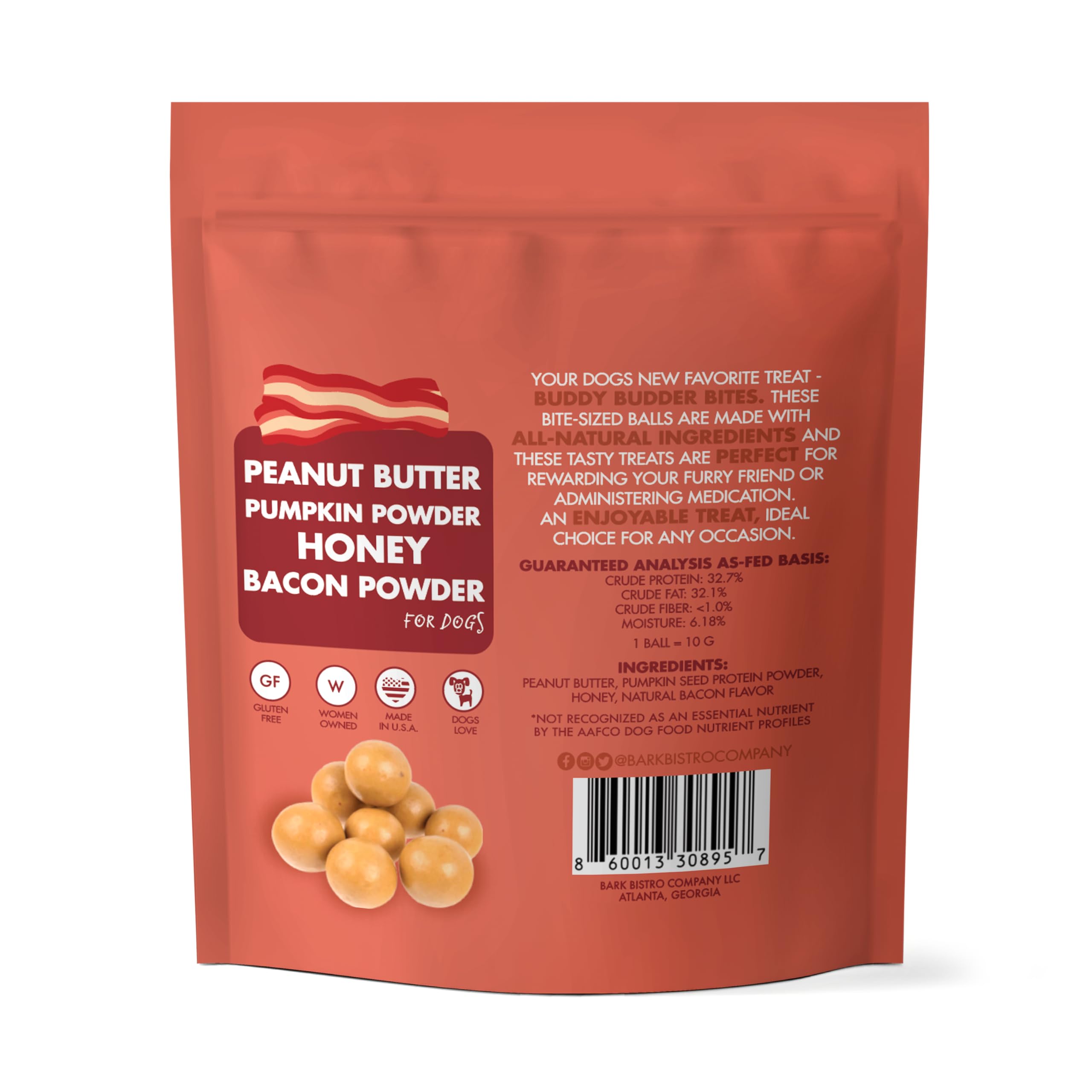 BUDDY BUDDER Bangin Bacon Bites, Natural Peanut Butter Dog Treats with Bacon Flavor, Soft Peanut Butter Ball Treat or Use to Hid