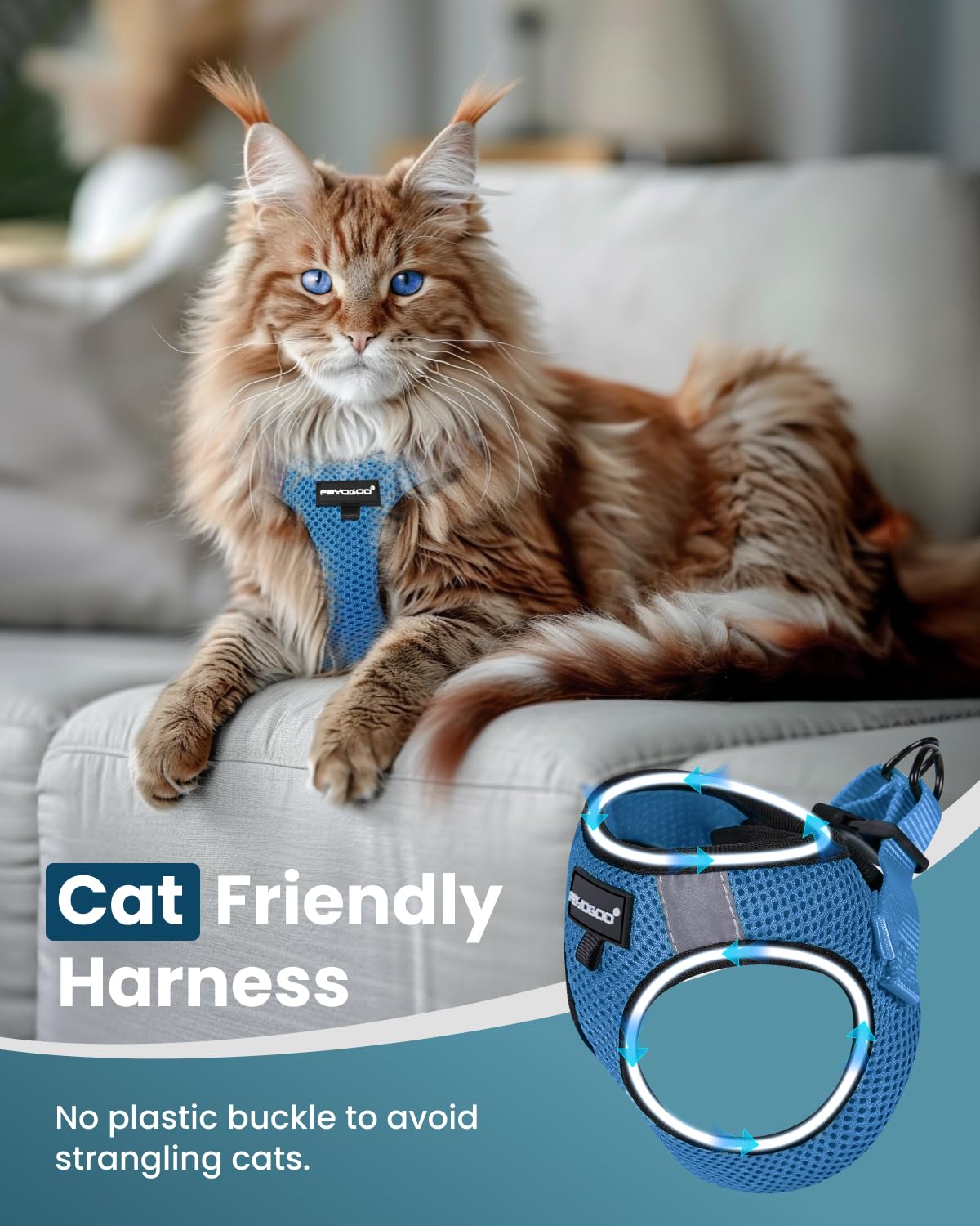 Fayogoo Cat Harness (Tranquil Teal, L: Chest 13-15''), Escape Proof, Lightweight, Reflective Strip, For Small Cats/Dogs