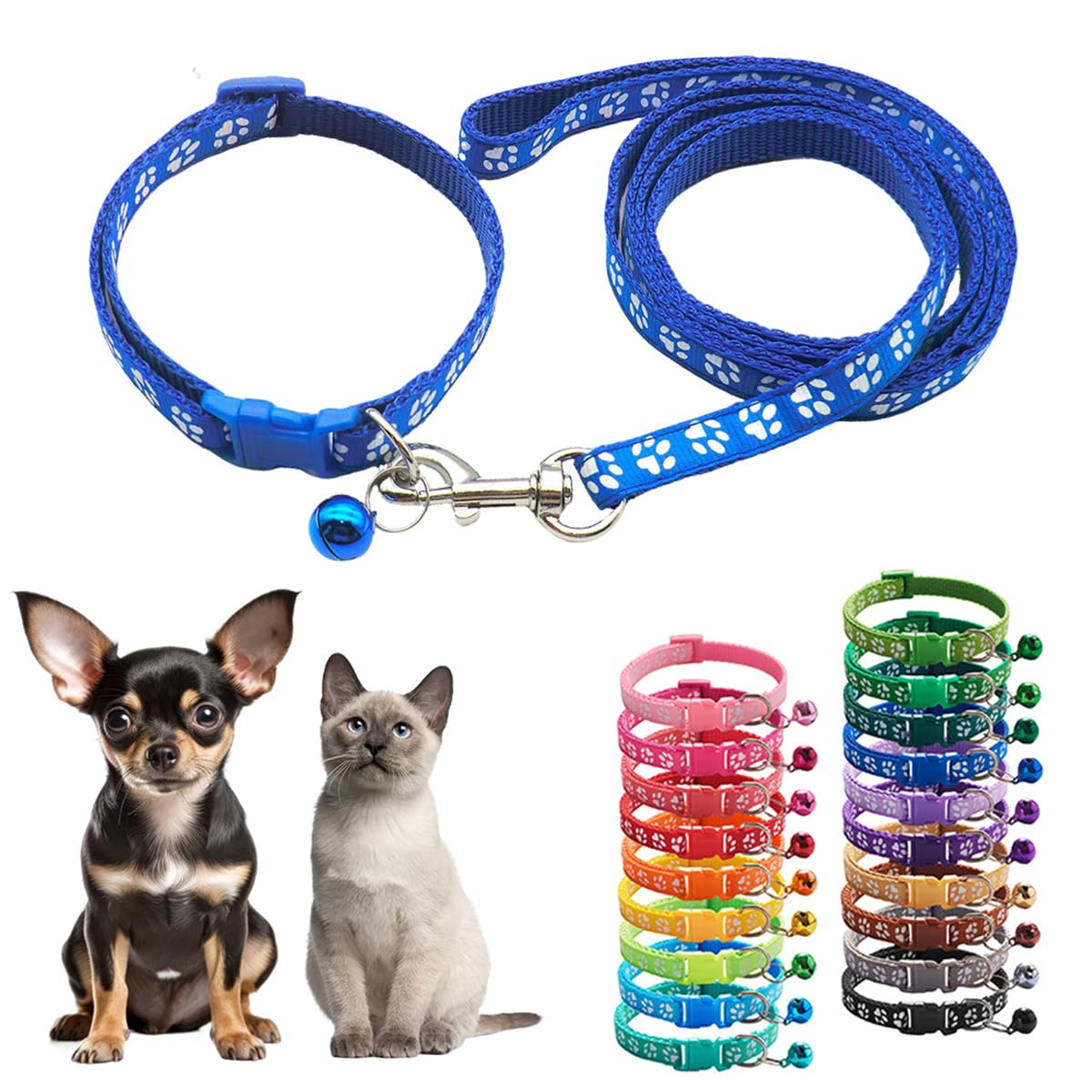 Small Dog Collar And Leash Set With Bell,Dark Blue Nylon Paw Cat Collar Girl Female Cute Fancy Puppy Collar With Bells For Xxs X