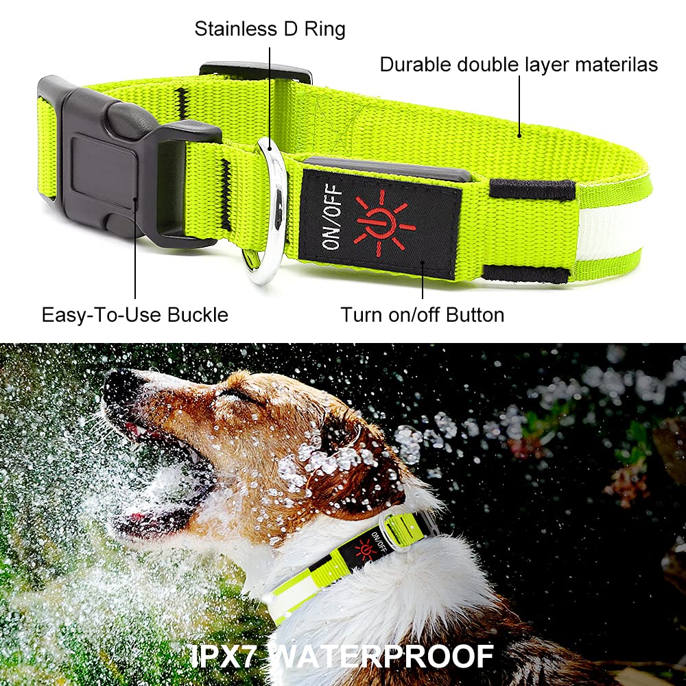 Yfbrite Ultra Light Usb Rechargeable Led Dog Collar - Adjustable Light Up Dog Collar - Waterproof Dog Collar - Flashing Dog Collar Visiblity & Safety For Your Dogs (Green, Small)