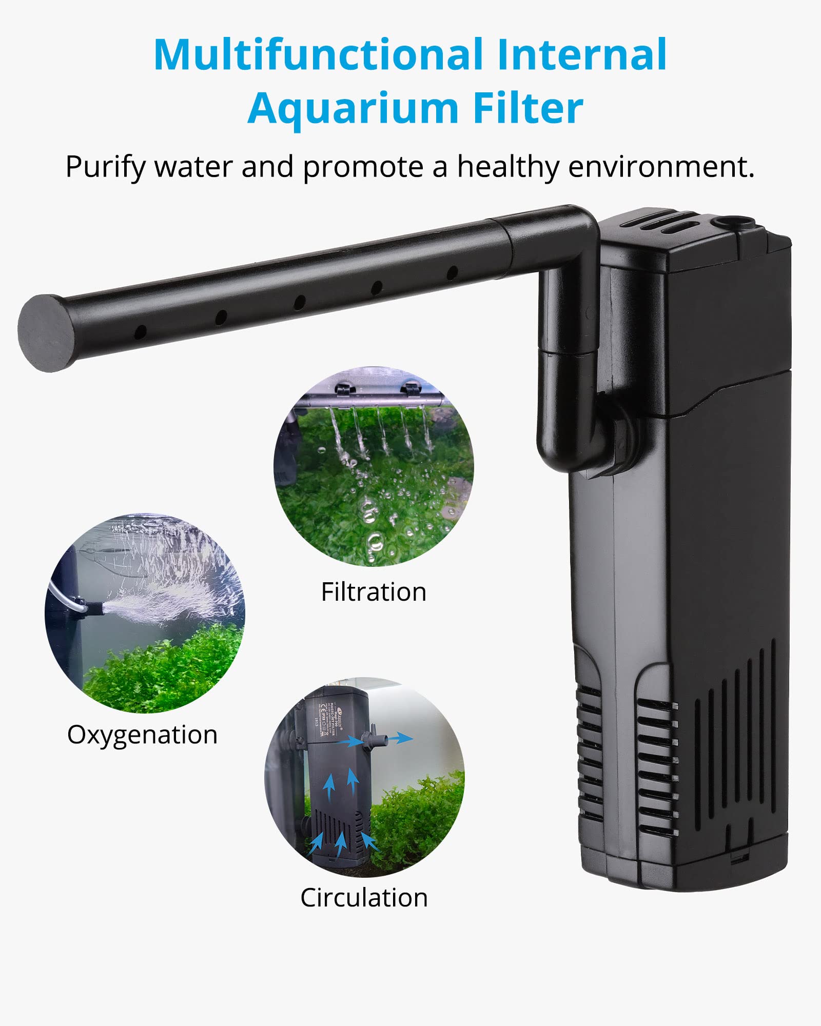 Nicrew Aquarium Internal Filter, Submersible Power Filter With Multiple Function, Aeration System With Sponge Filter For Fish Tanks 10-20 Gallon, 100 Gph, 7W