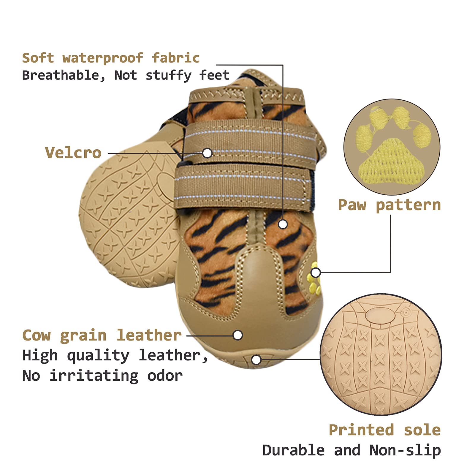 Xsy&G Dog Boots,Waterproof Dog Shoes,Dog Booties With Reflective Strips Rugged Anti-Slip Sole And Skid-Proof,Outdoor Dog Shoes For Medium Large Dogs 4Pcs Leopard-Size 6