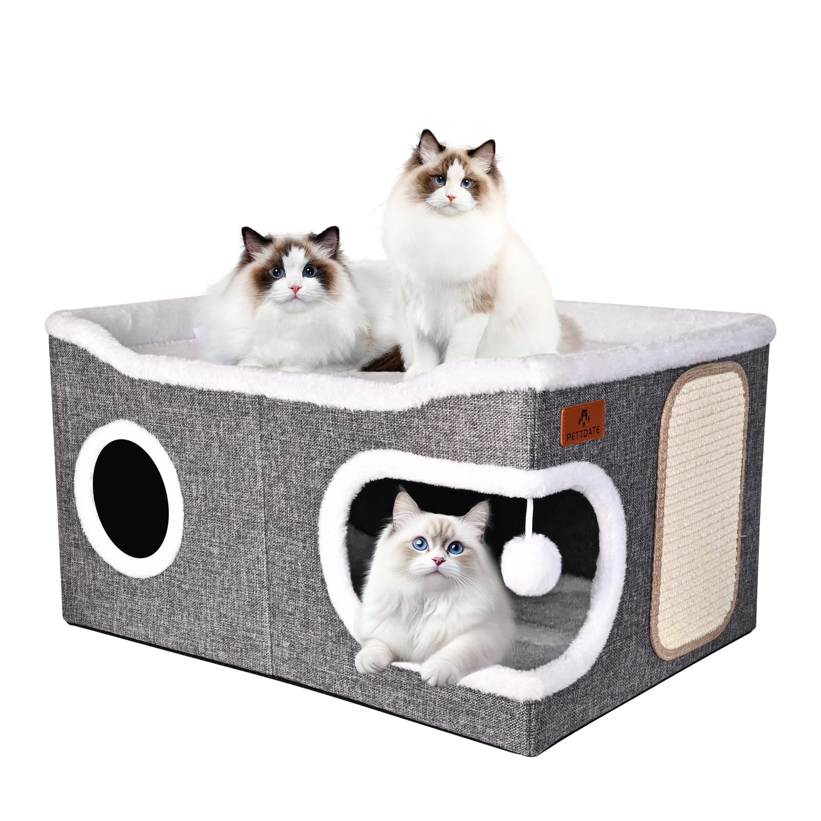 Extra Large Cat Beds for Indoor Cats, Covered Cat Cave Beds & Furniture with Scratch Pad and Fluffy Ball, Foldable Condo Hideawa
