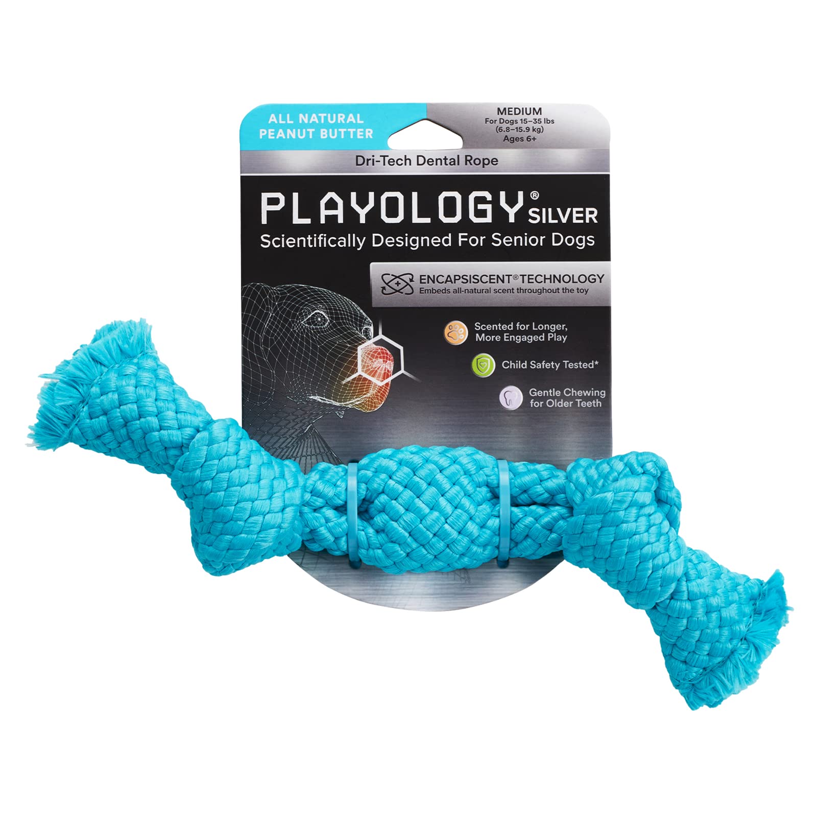 Playology Silver Dri-Tech Dental Rope Dog Toy, Medium - Designed For Senior Dogs (15-35Lbs) - Engaging All-Natural Peanut Butter Scented Toy - Non-Toxic Materials And Moderate Chewing For Older Teeth