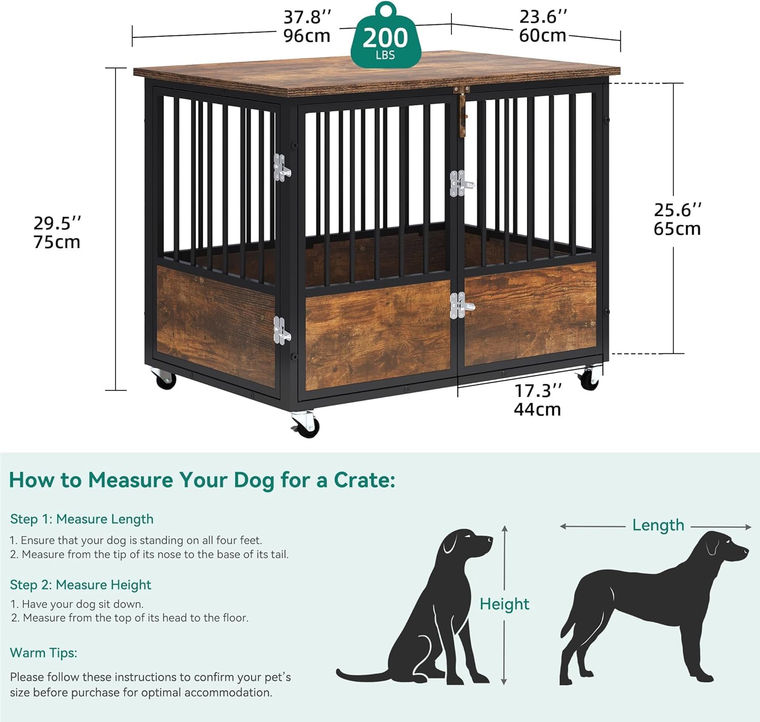 YITAHOME Rustic Heavy Duty Dog Crate Furniture with Wheels, Double-Doors Metal Dog Kennel Indoor for Small Medium Dogs, Decorati