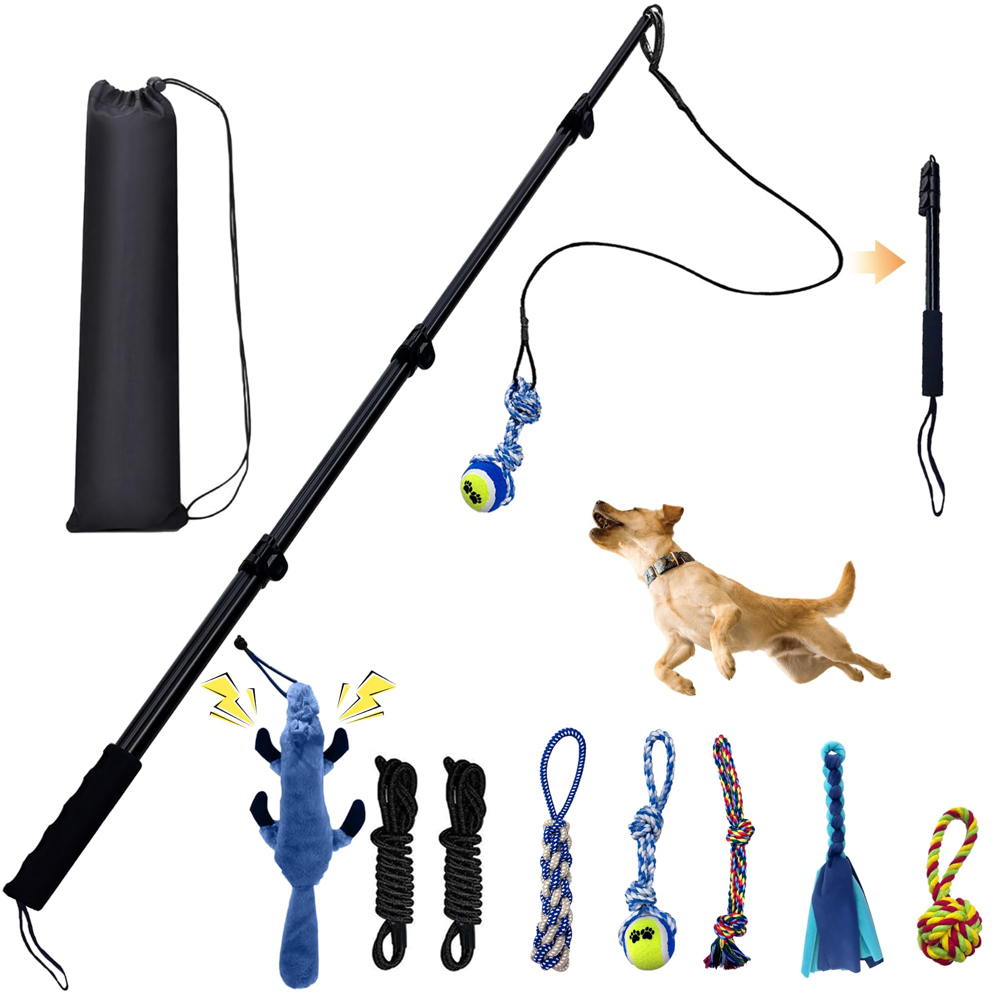 GRETMIX Flirt Pole for Dogs, Interactive Toys Tug-of-war for Dogs, Four-Section Retractable Adjustable Length, Chase Toys with R