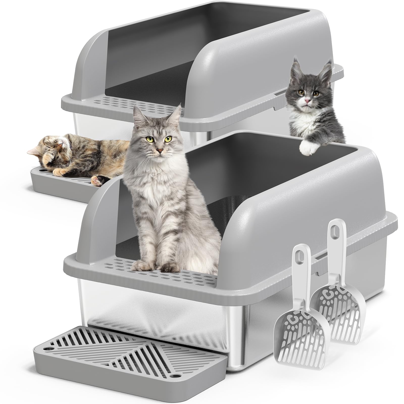 2 Pack Xl Stainless Steel Litter Box Enclosure With Lid, Stainless Steel Cat Litter Pan For Big Cats, Large Metal Litter Box Wit