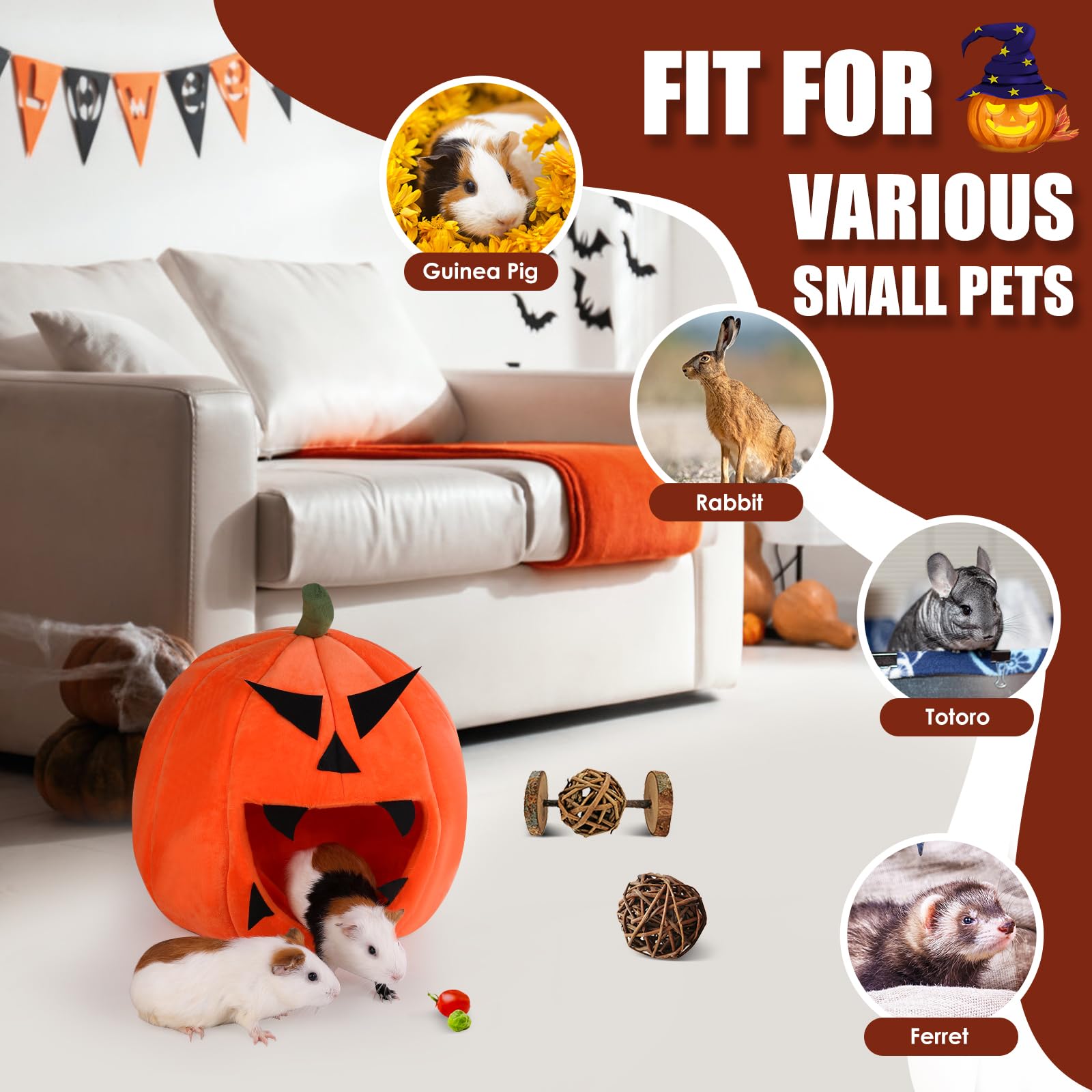 Oneju Guinea Pig Bed, Guinea Pig Hideout, Rabbit Bed, Bunny Hideout, Halloween Style Guinea Pig Bed For Guinea Pig, Bunny, Chinchilla, Ferret, Rabbit And Other Small Pets - Halloween Pumpkin