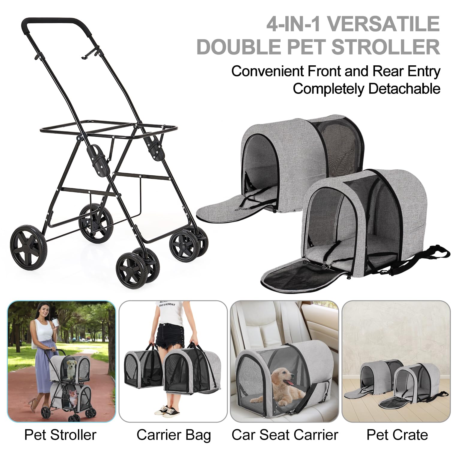 Lpotius Double Pet Stroller For Dogs And Cats With 2 Detachable Carrier, Quick-Folding Dog Stroller For Medium Small Dogs Cats,