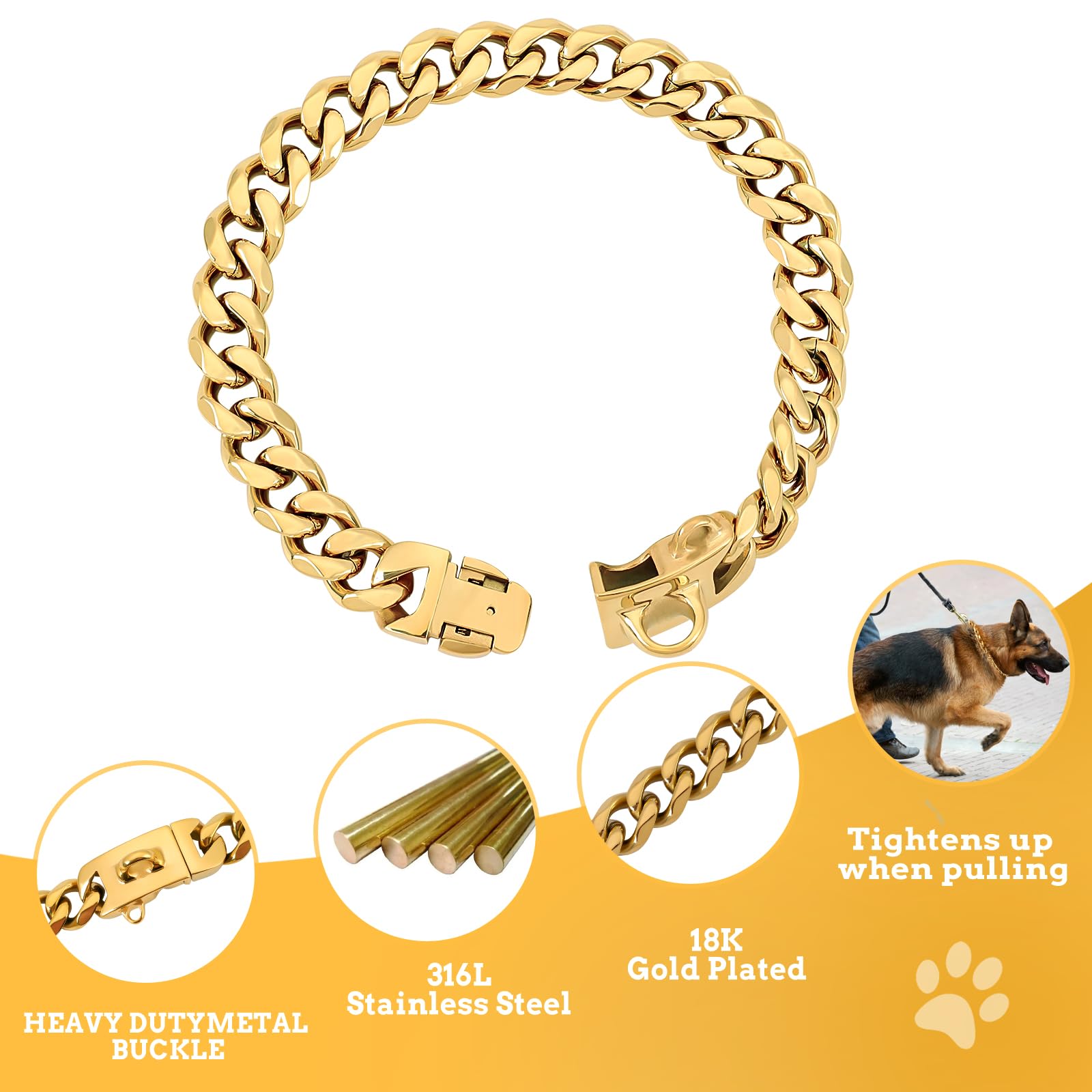 Baobote 15Mm Gold Stainless Steel Dog Collar With Cuban Link Chain Heavy Duty Chew Proof Training Collar For Dogs(26 Gold)