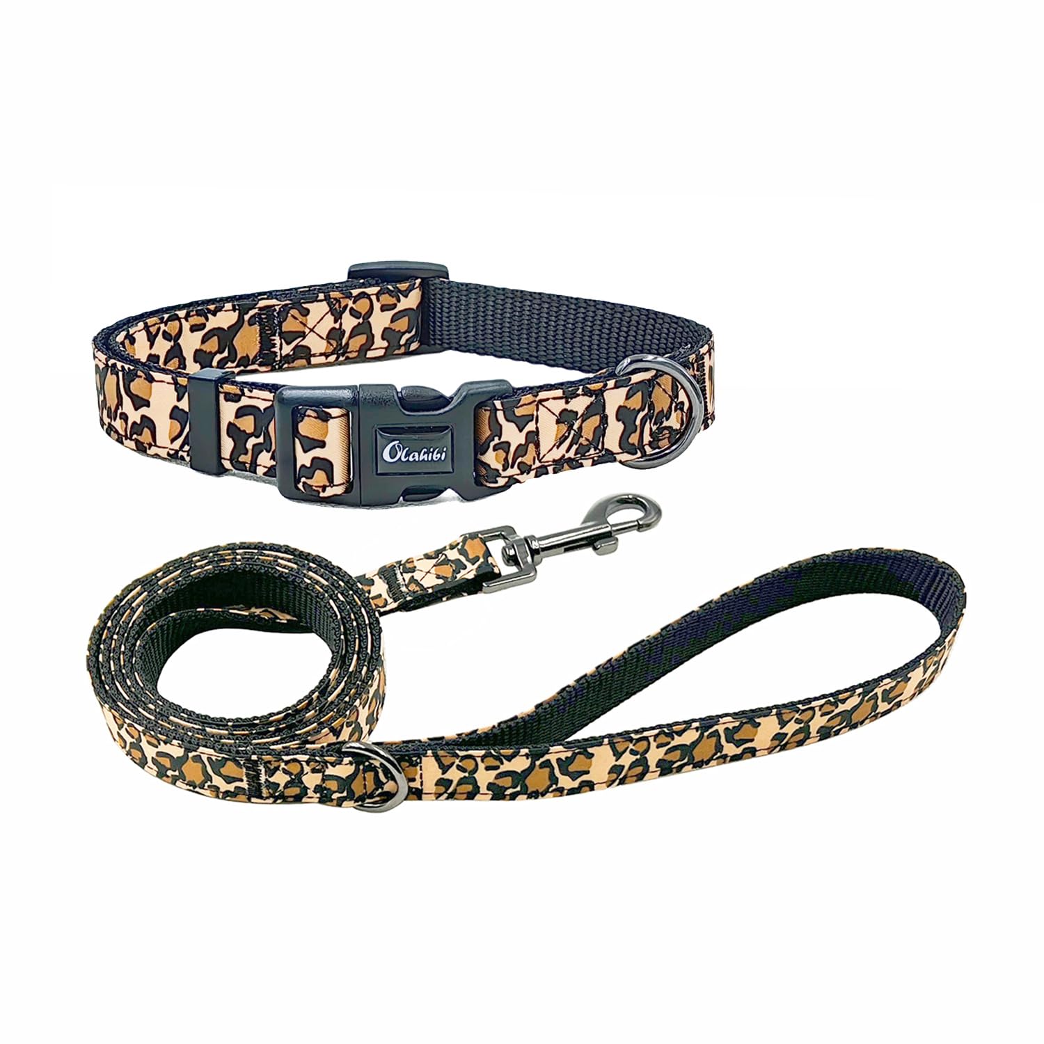 Olahibi Dog Collar Leash Set, Leopard Pattern, Nylon Webbing Plus Cotton Ribbon, 5Ft Matching Leash, For Medium Dogs.(M, Brown L