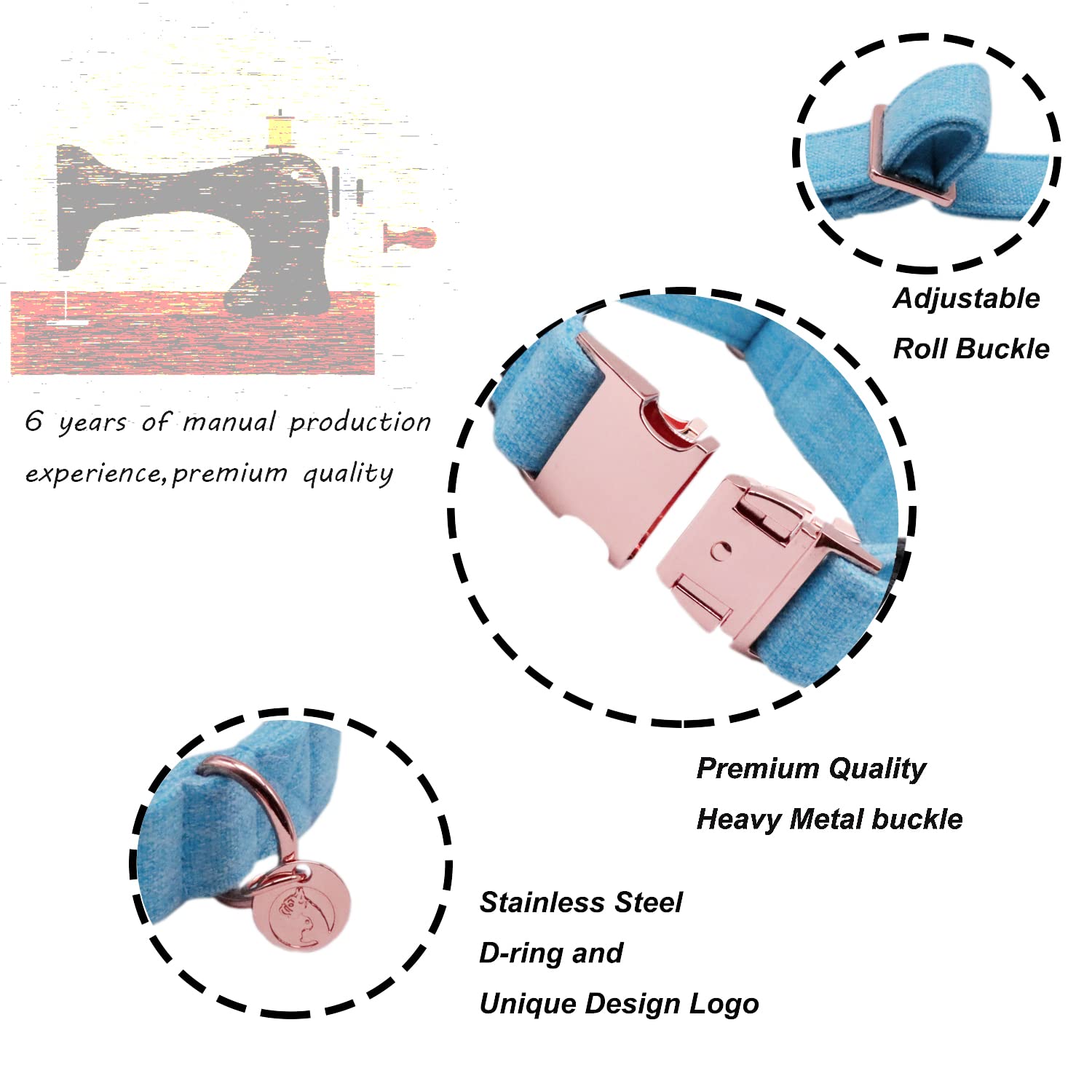 Dogwong Hemp Cotton Dog Collar With Bow Blue Pet Collar Durable Adjustable Puppy Collar For Small Medium Large Dogs